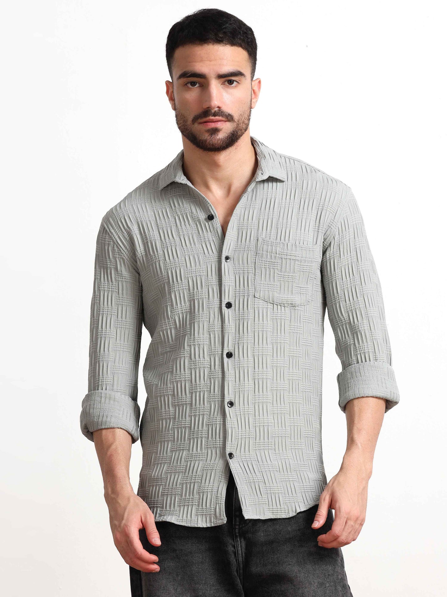 Grey Bricks Textured Popcorn Shirt for Men 