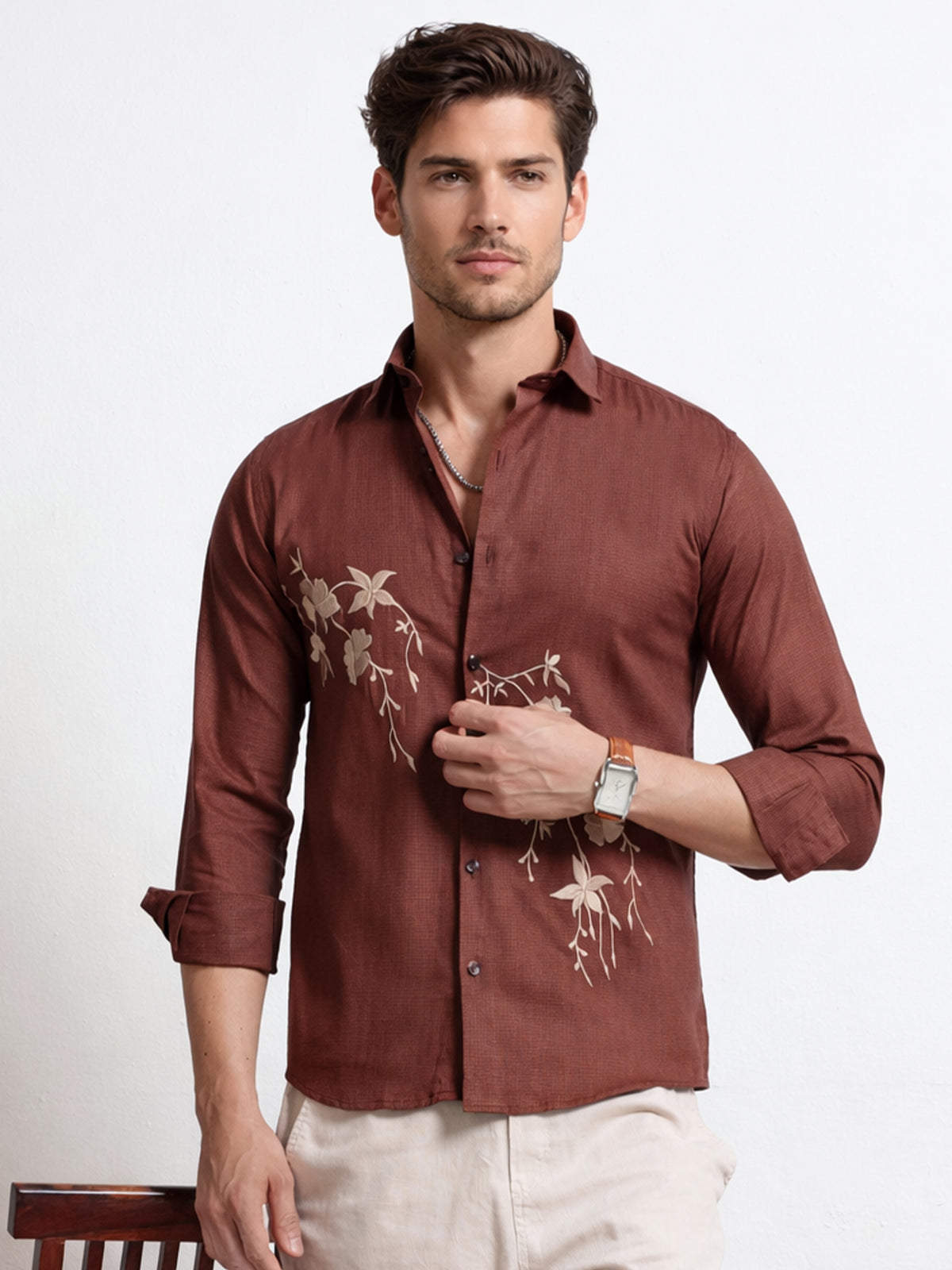 Men's Linen Maroon Floral Embroidery