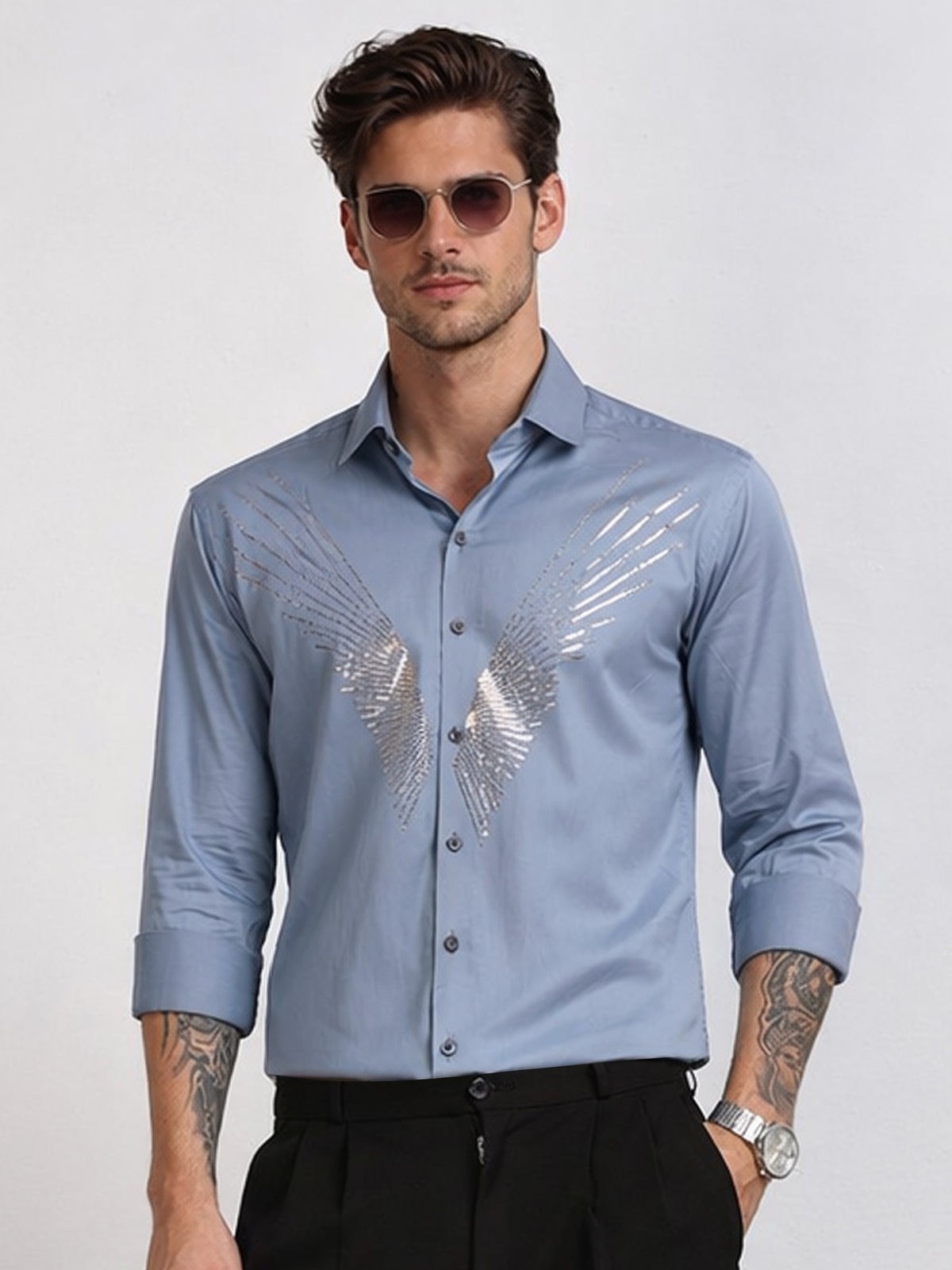 Men's Steel Blue Angel Wing Stone Work