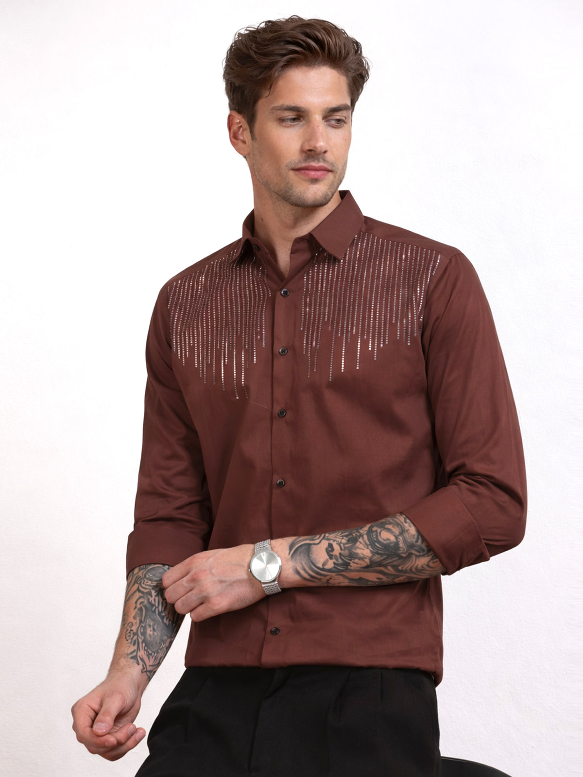 Men's Wine Red Rainfall Stone Work
