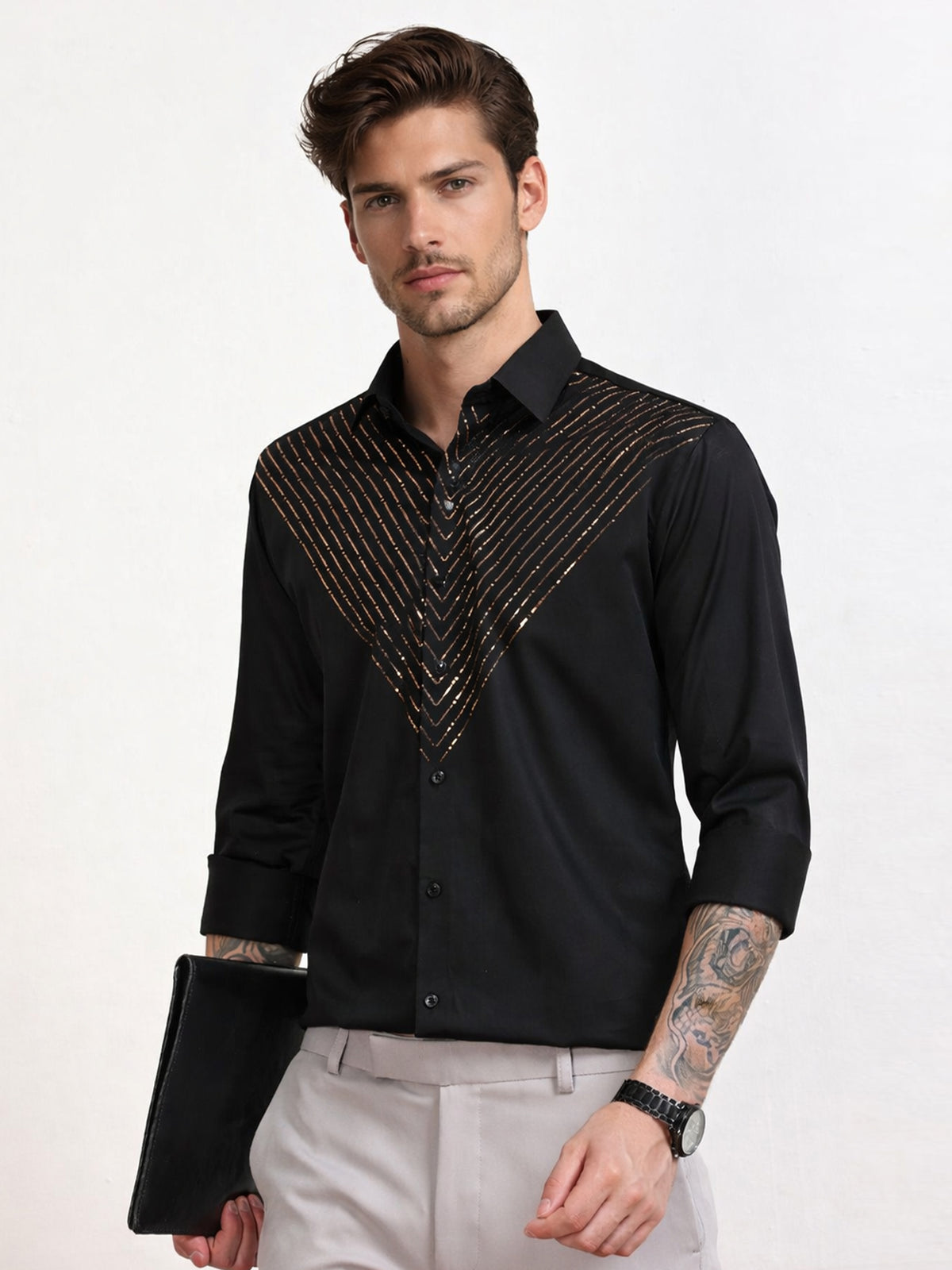 Men's Black Gold Stripe Stone Work