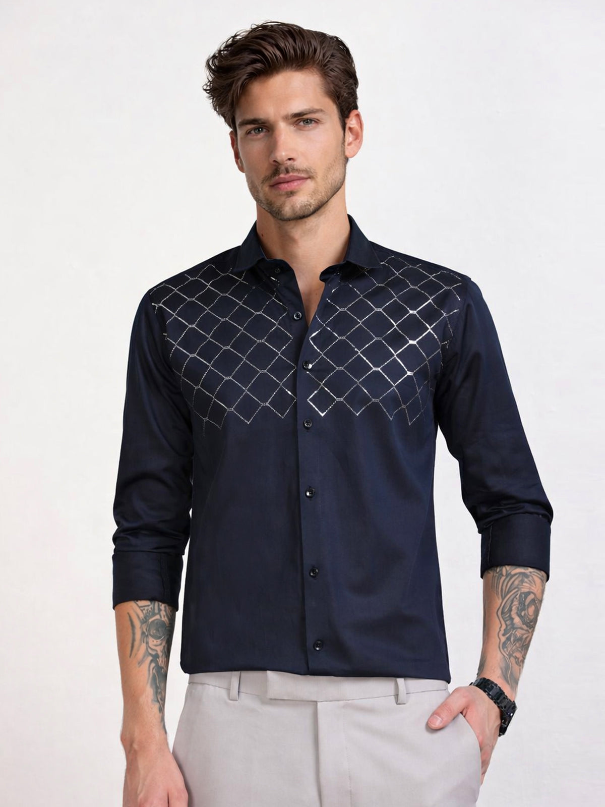 Men's Navy Blue Diamond Grid Stone Work