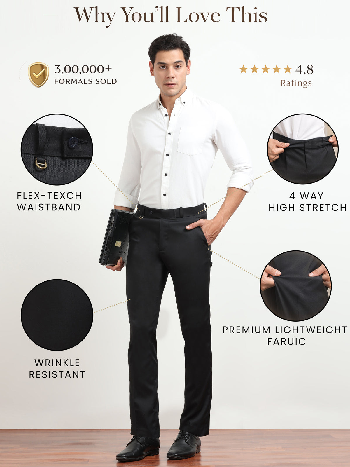 Men's Black Formal Regular Fit Trousers