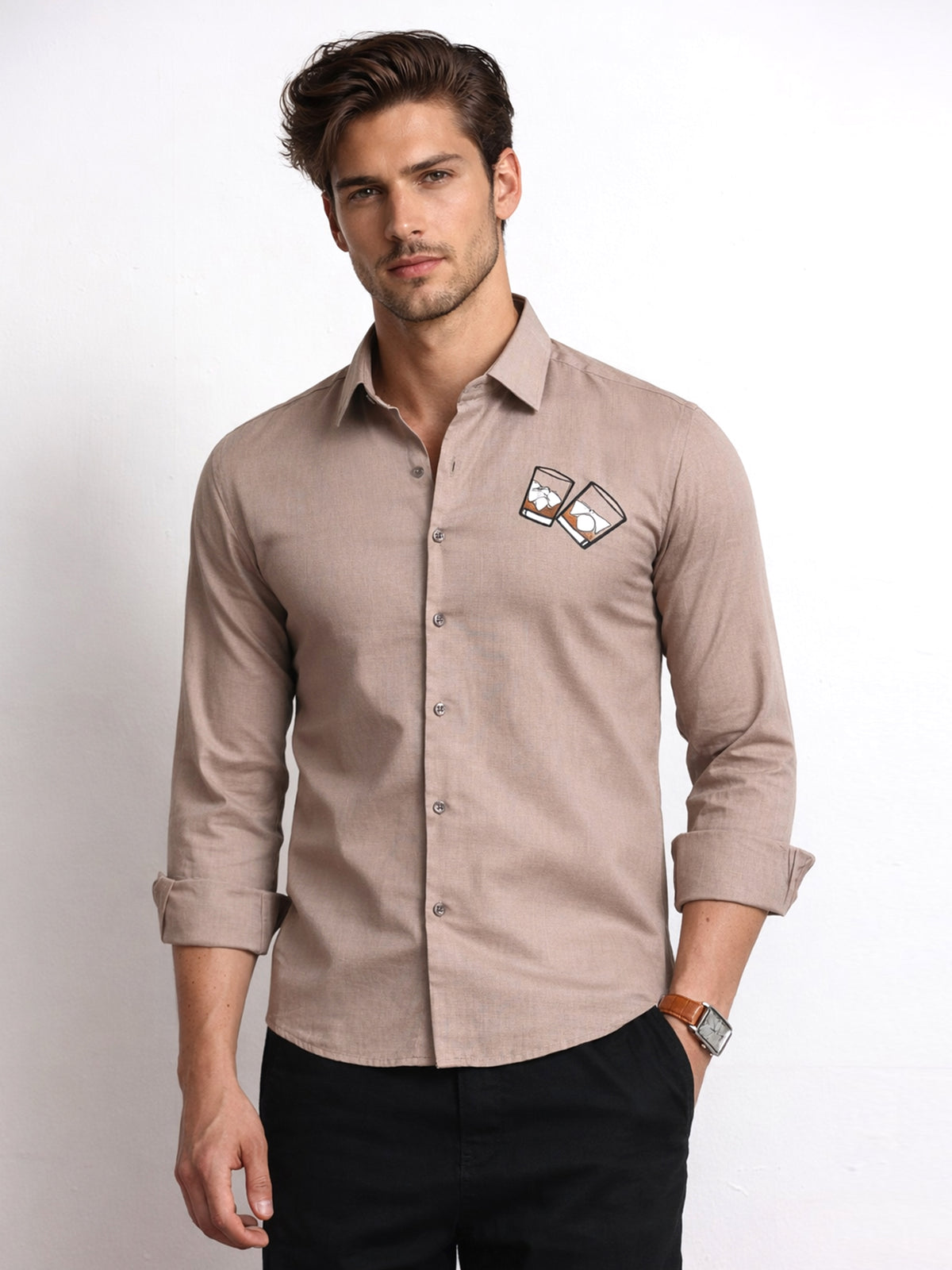 Men's Linen Beige Whiskey Glass Embroidery