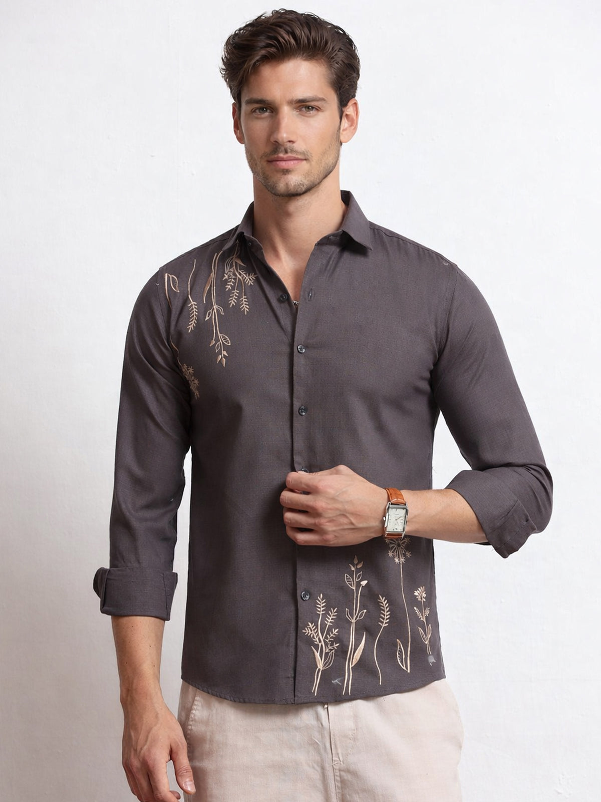 Men's Linen Charcoal Grey Botanical Embroidery