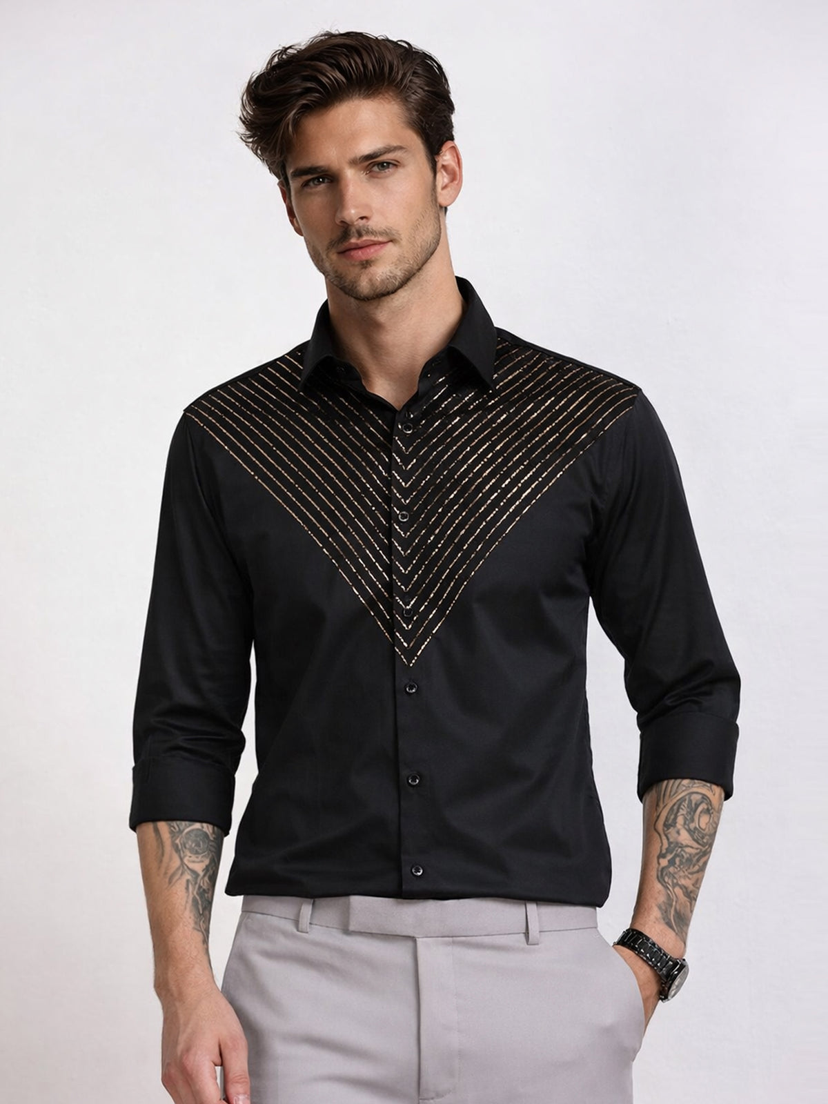 Men's Black Gold Stripe Stone Work