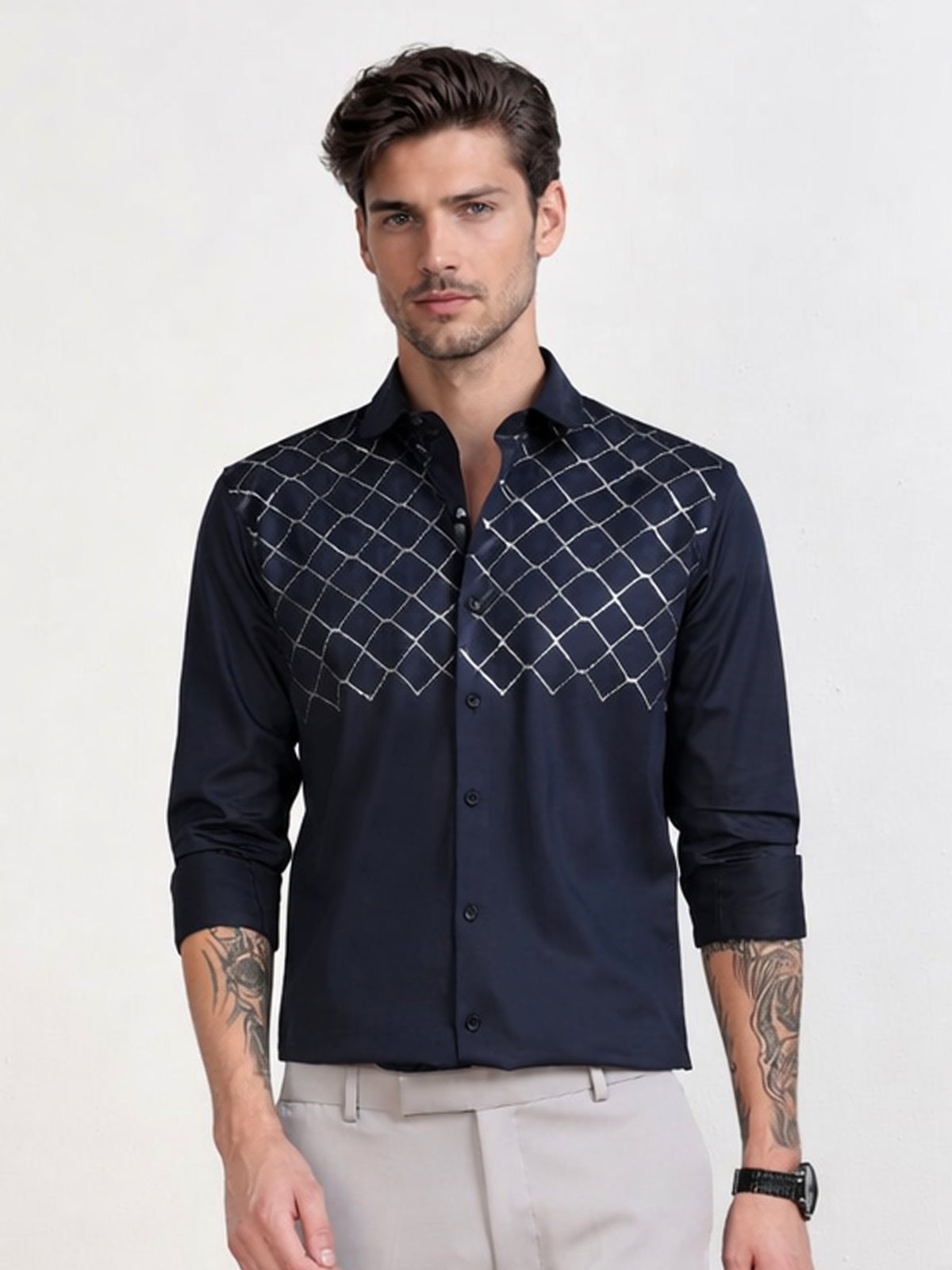 Men's Navy Blue Diamond Grid Stone Work