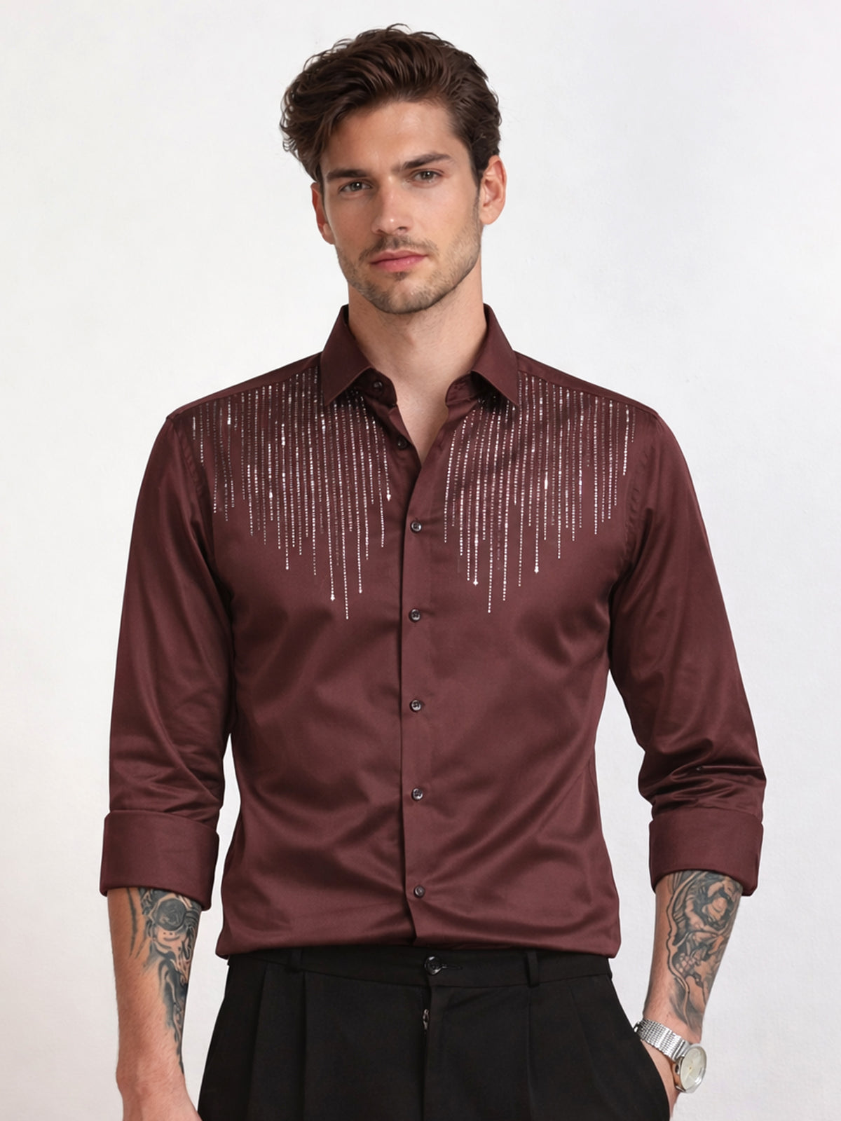 Men's Wine Red Rainfall Stone Work