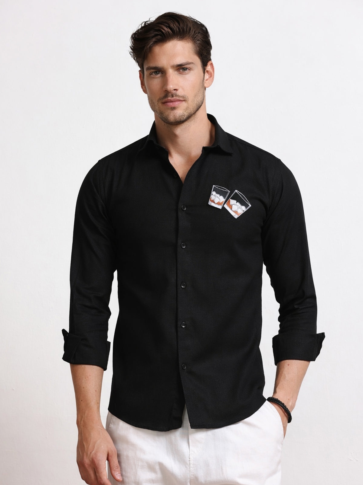 Men's Linen Black Whiskey Glass Embroidery