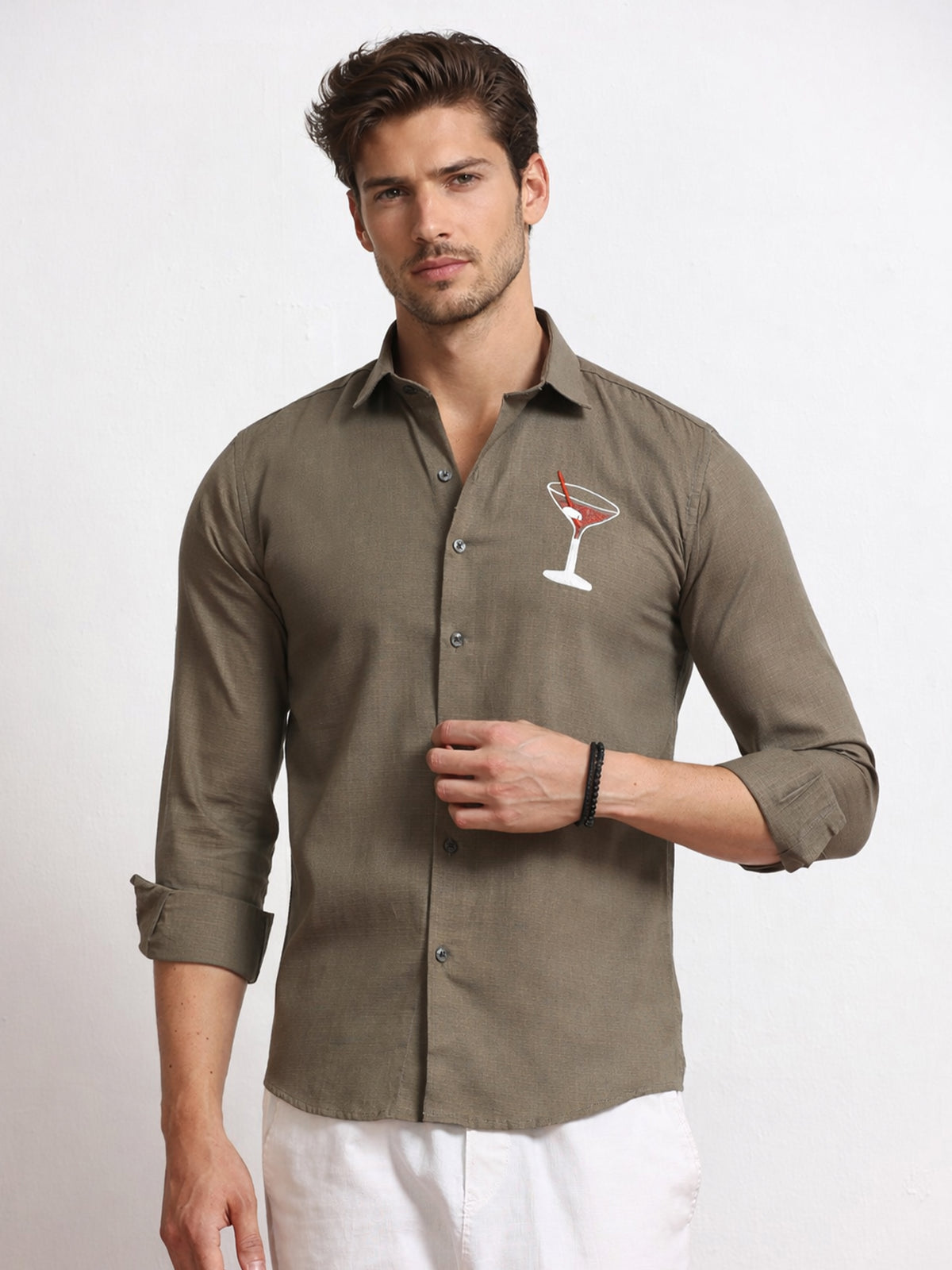 Men's Linen Olive Green Cocktail Glass Embroidery