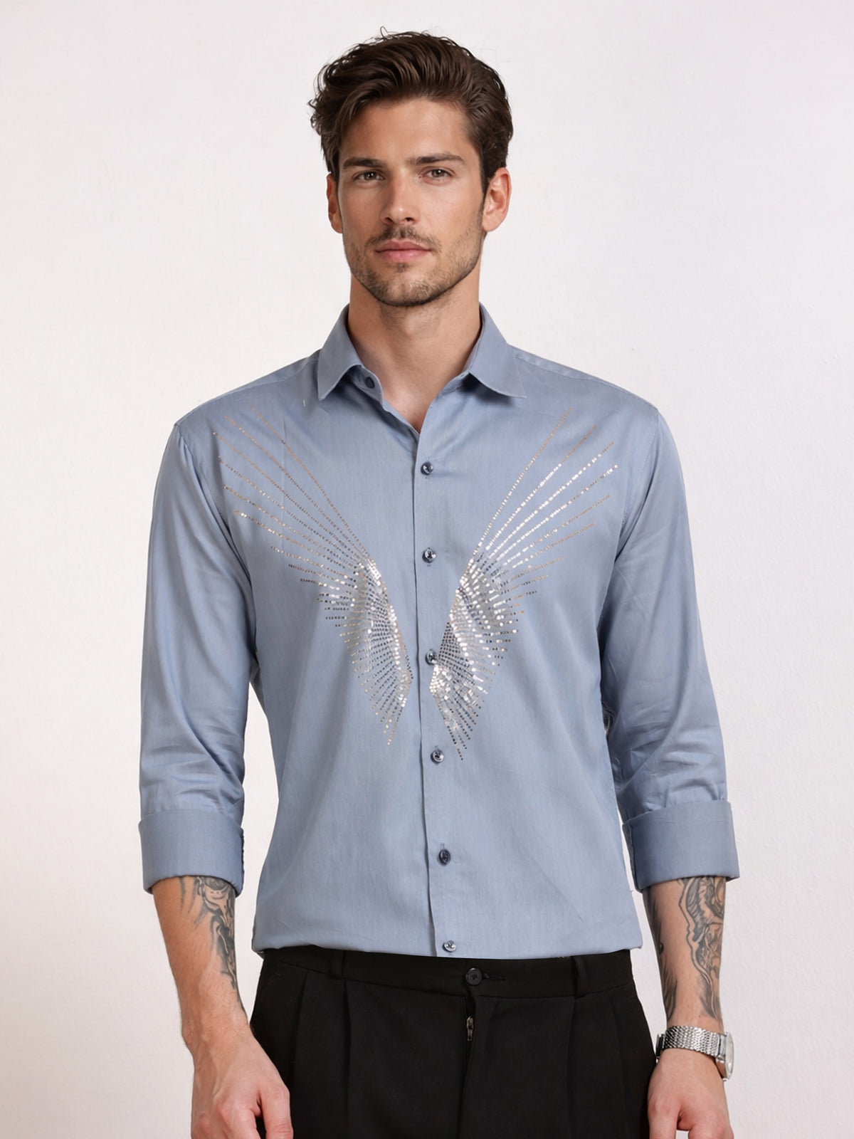 Men's Steel Blue Angel Wing Stone Work