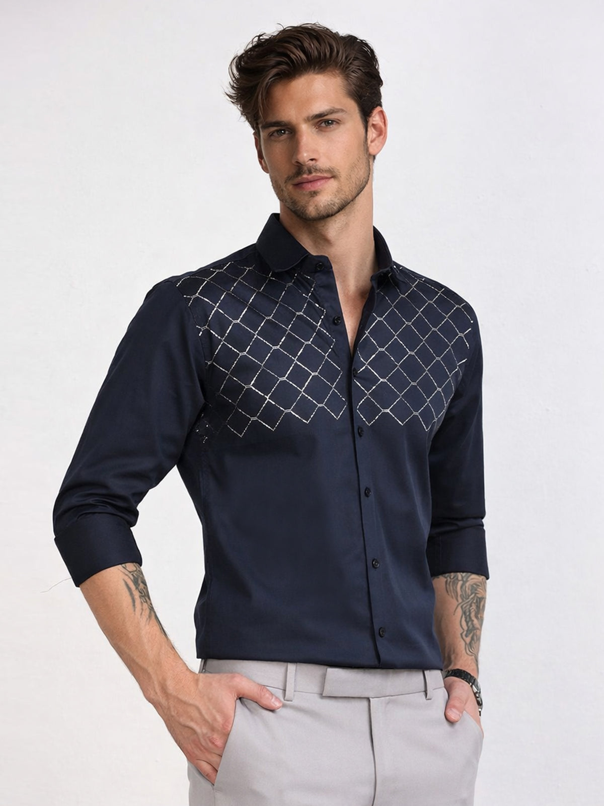 Men's Navy Blue Diamond Grid Stone Work
