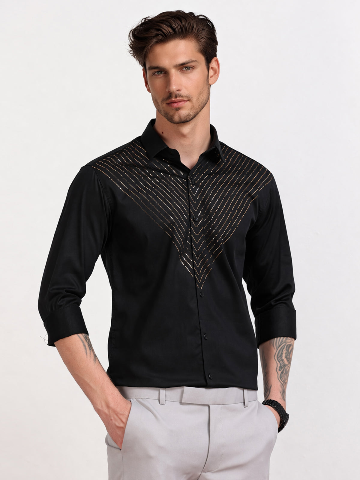 Men's Black Gold Stripe Stone Work