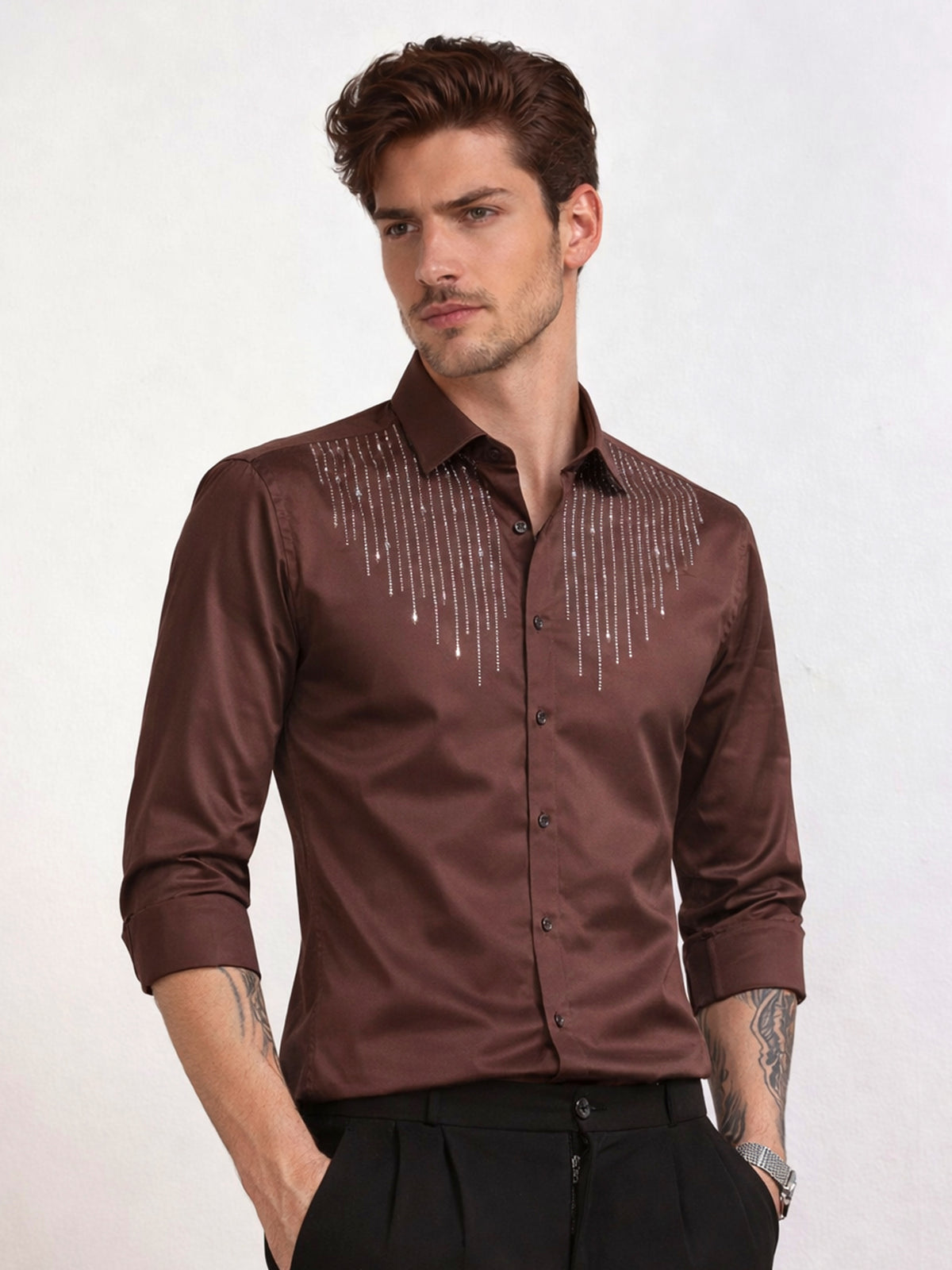 Men's Wine Red Rainfall Stone Work