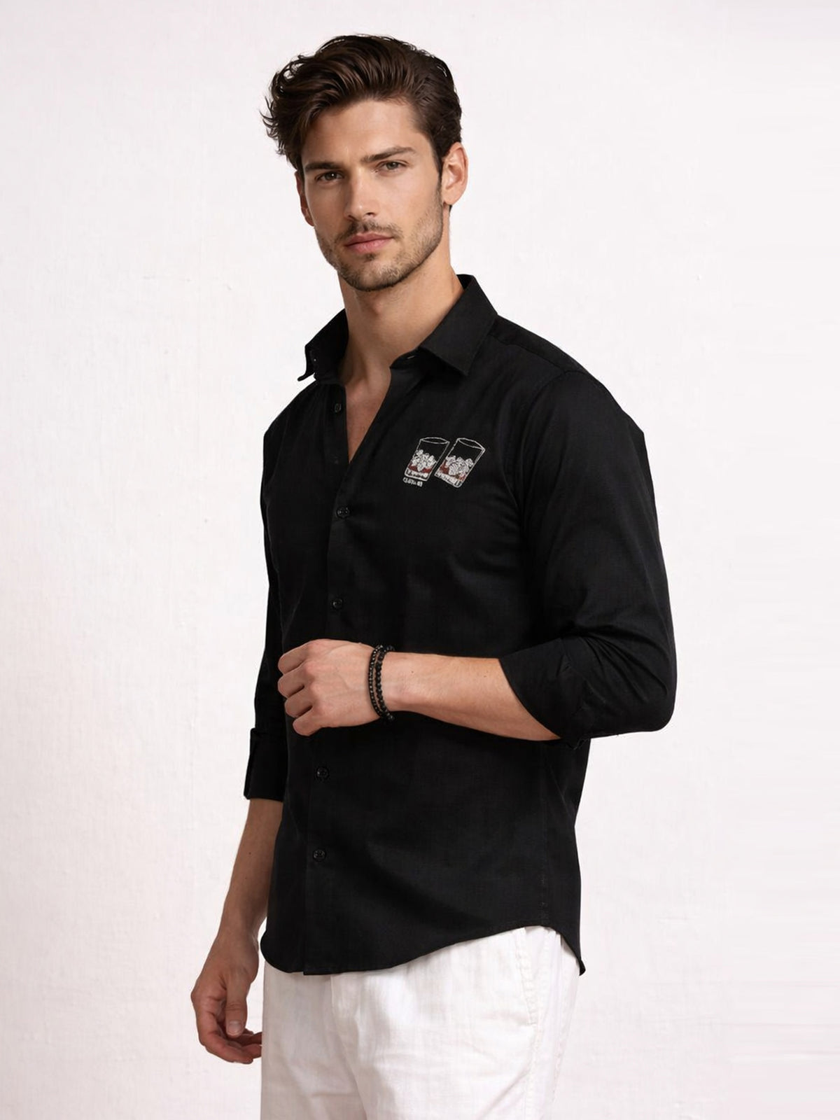 Men's Linen Black Whiskey Glass Embroidery