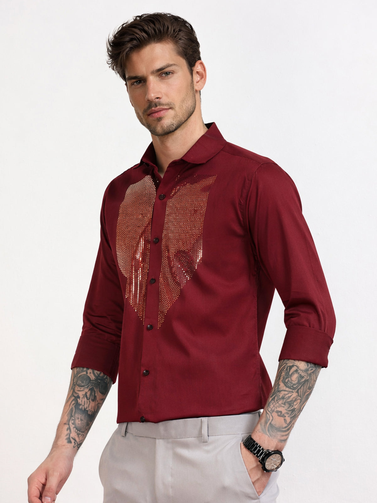 Men's Maroon Shield Stone Work