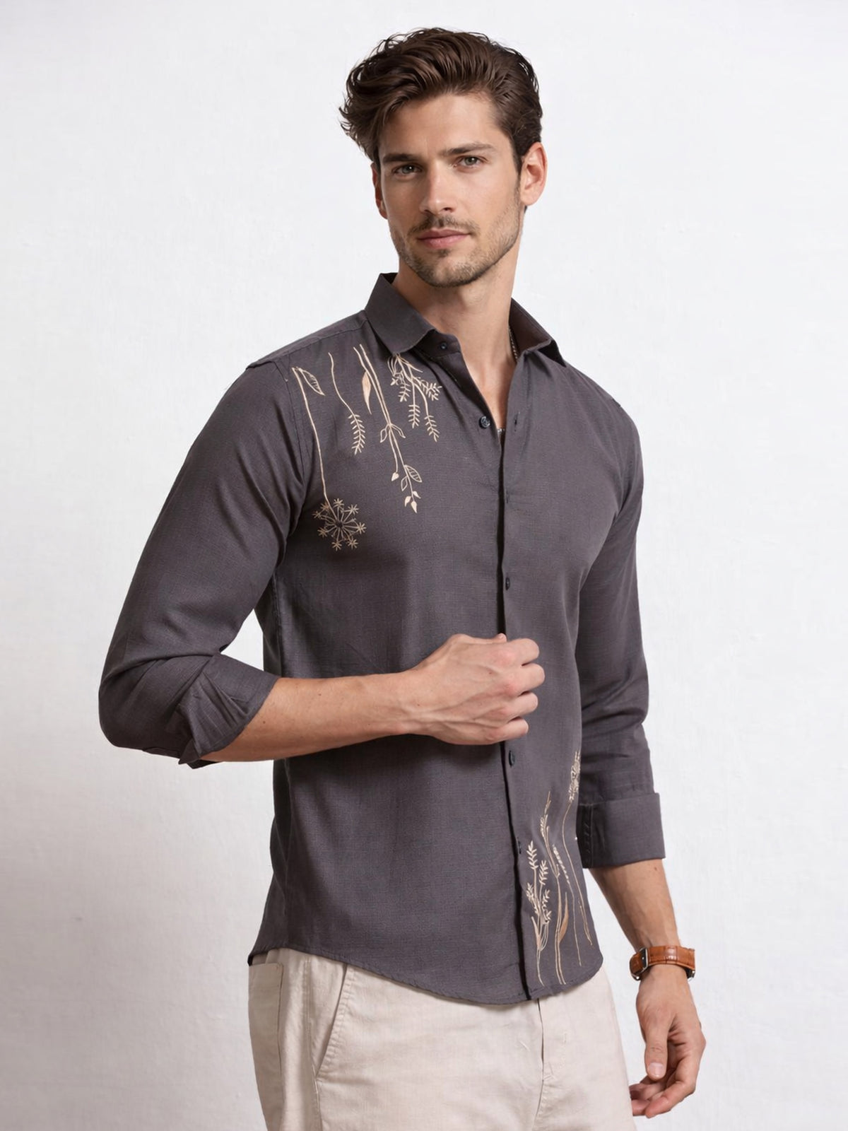 Men's Linen Charcoal Grey Botanical Embroidery