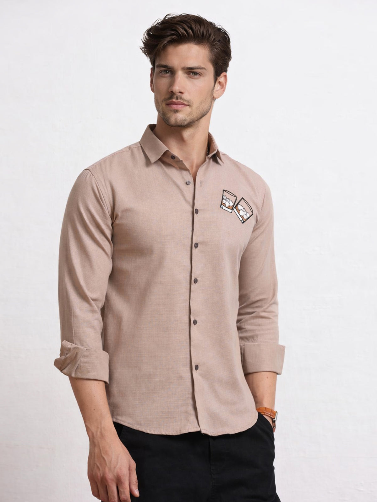 Men's Linen Beige Whiskey Glass Embroidery