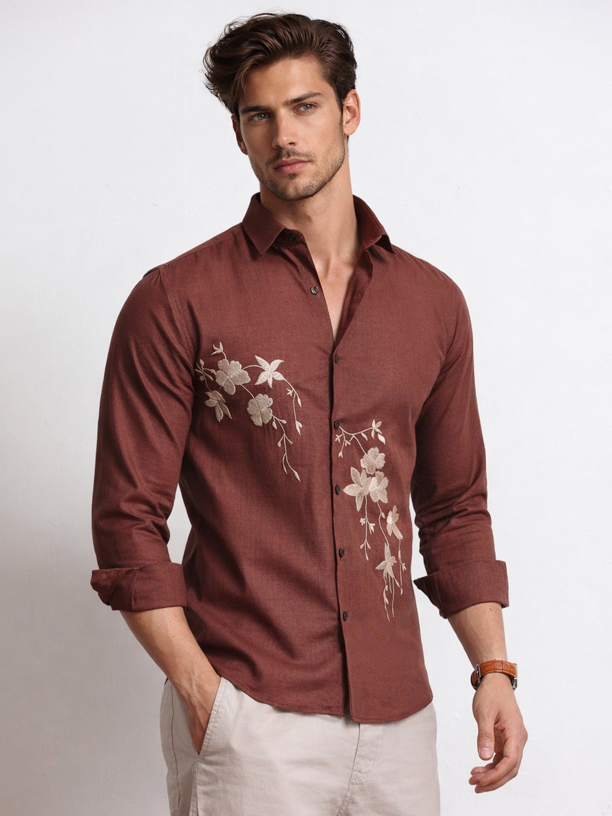 Men's Linen Maroon Floral Embroidery