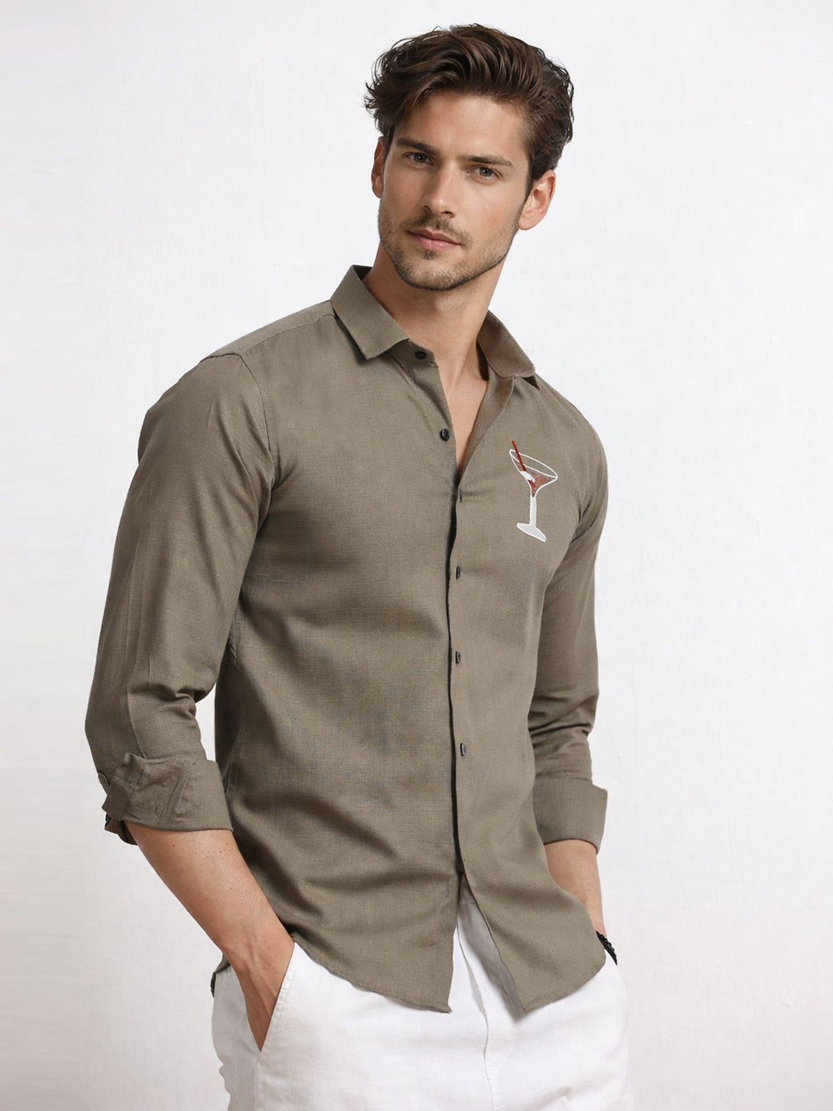 Men's Linen Olive Green Cocktail Glass Embroidery