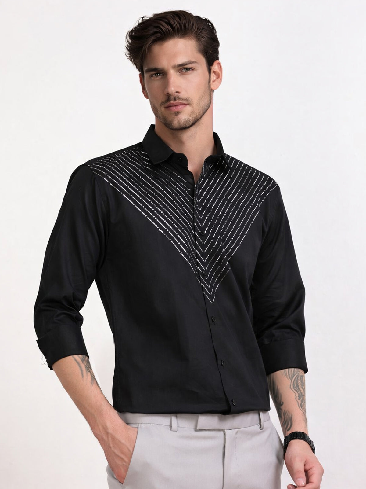 Men's Black Silver V-Stripe Stone Work
