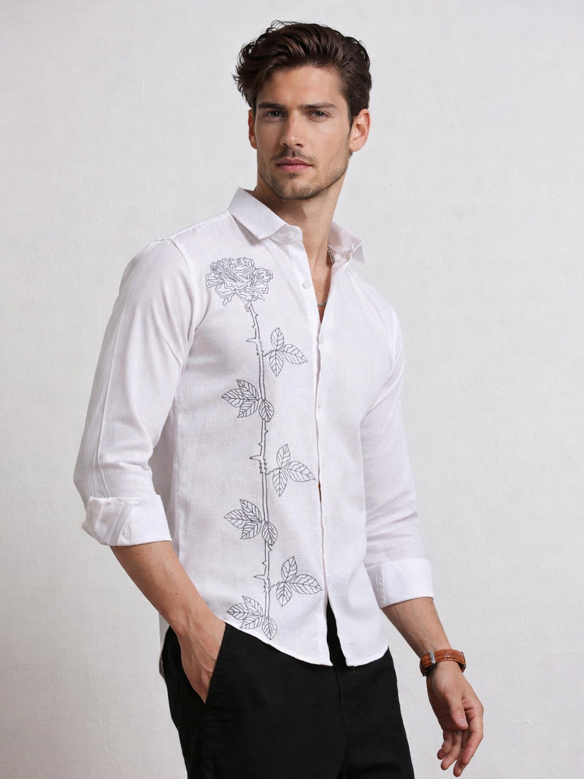 Men's Linen White Rose Stem Embroidery
