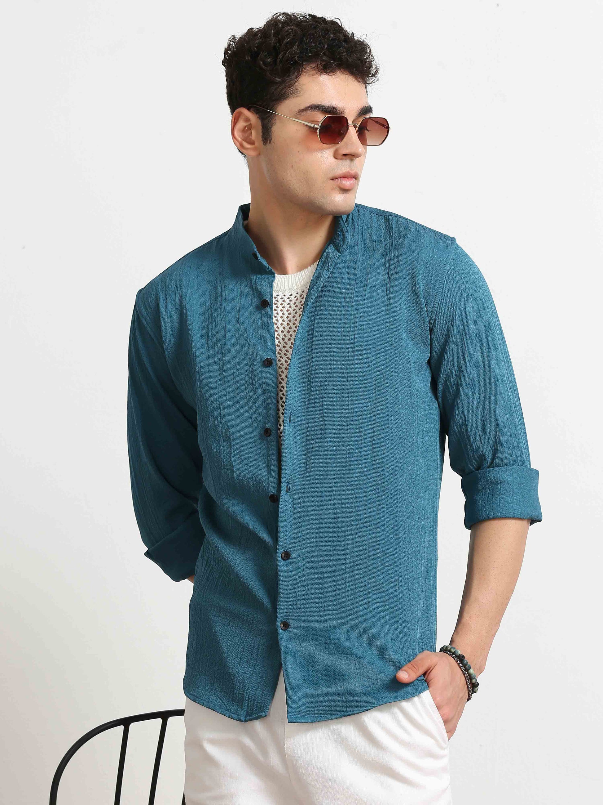 Deep Moon Blue Crush Texture Solid Shirt For Men