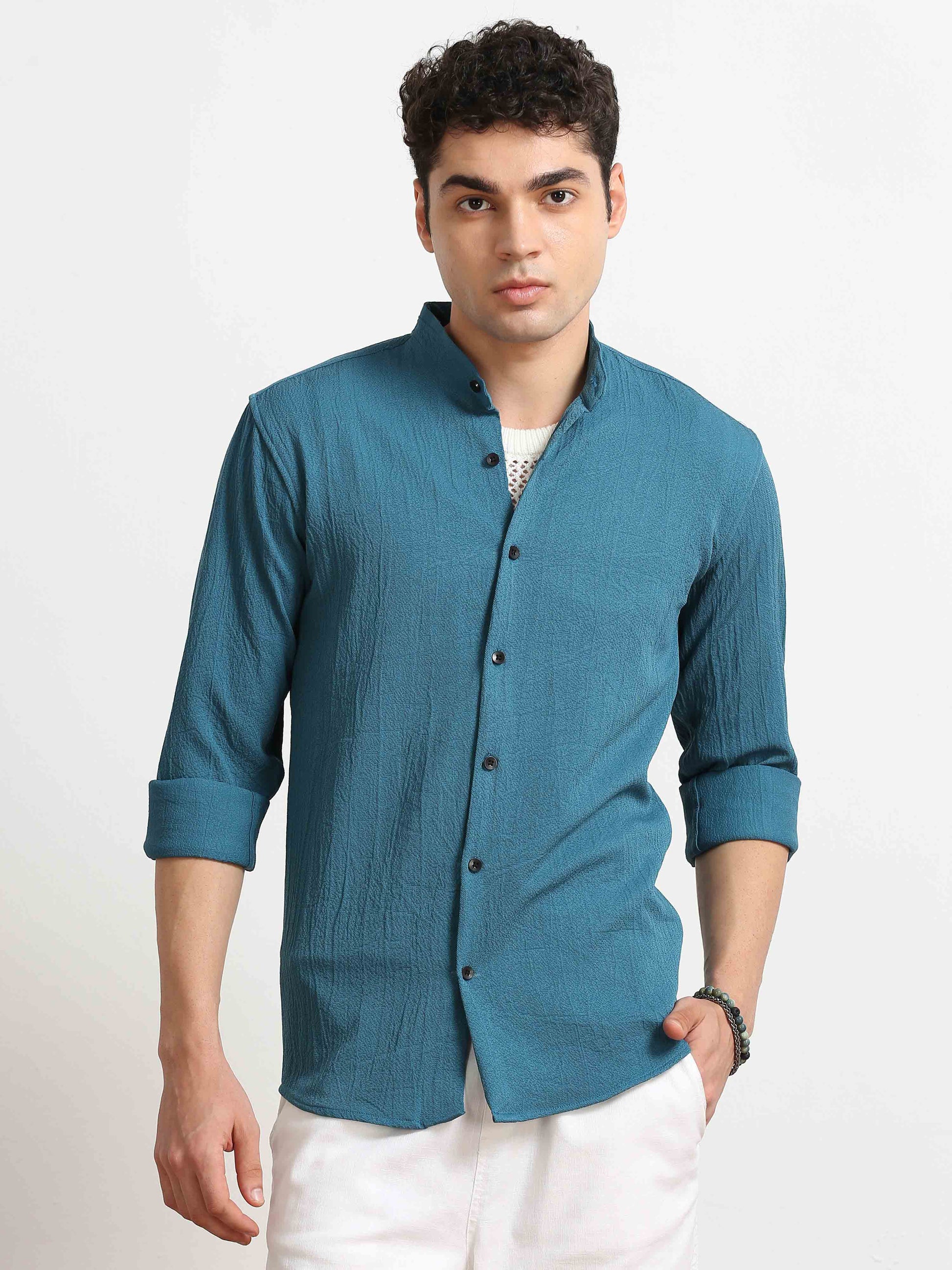 Deep Moon Blue Crush Texture Solid Shirt For Men