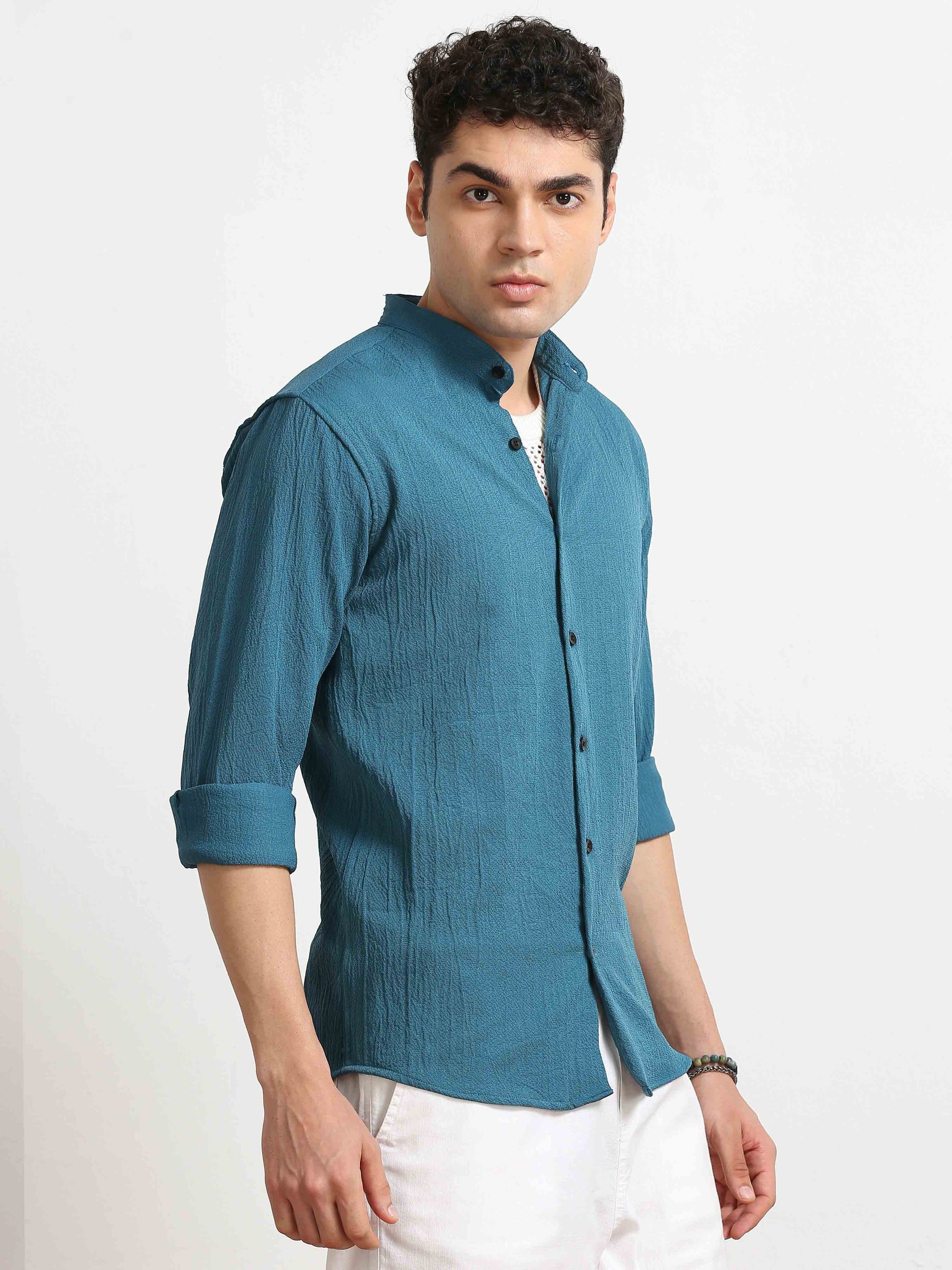 Deep Moon Blue Crush Texture Solid Shirt For Men