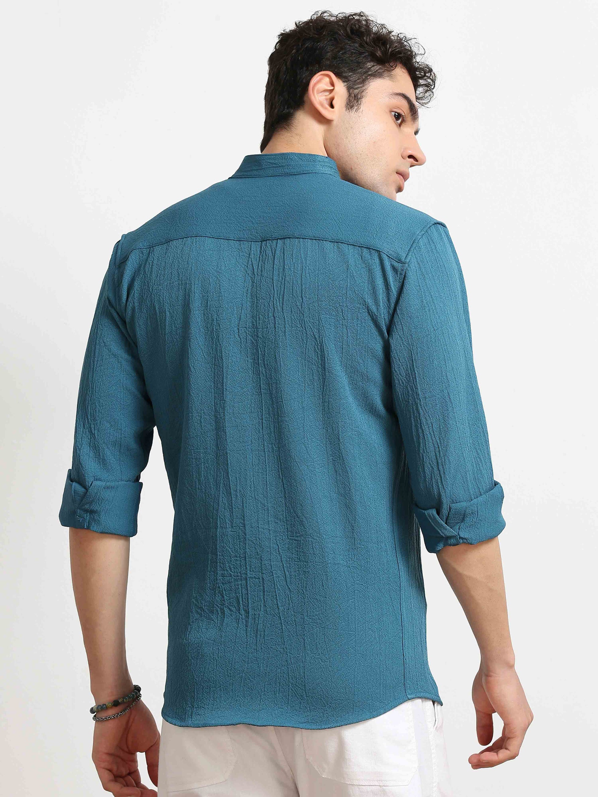 Deep Moon Blue Crush Texture Solid Shirt For Men