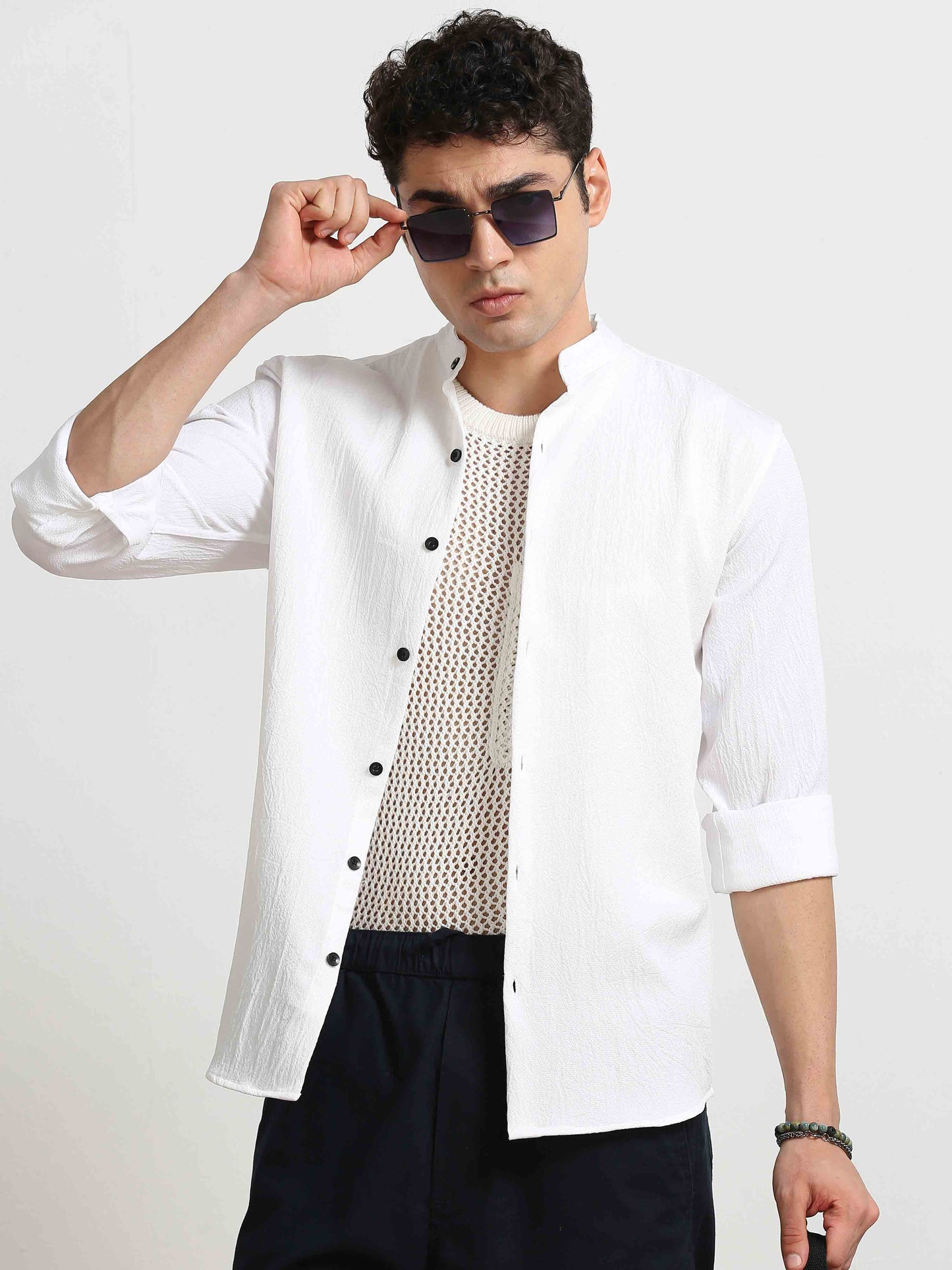 White Crush Texture Solid Shirt for Men