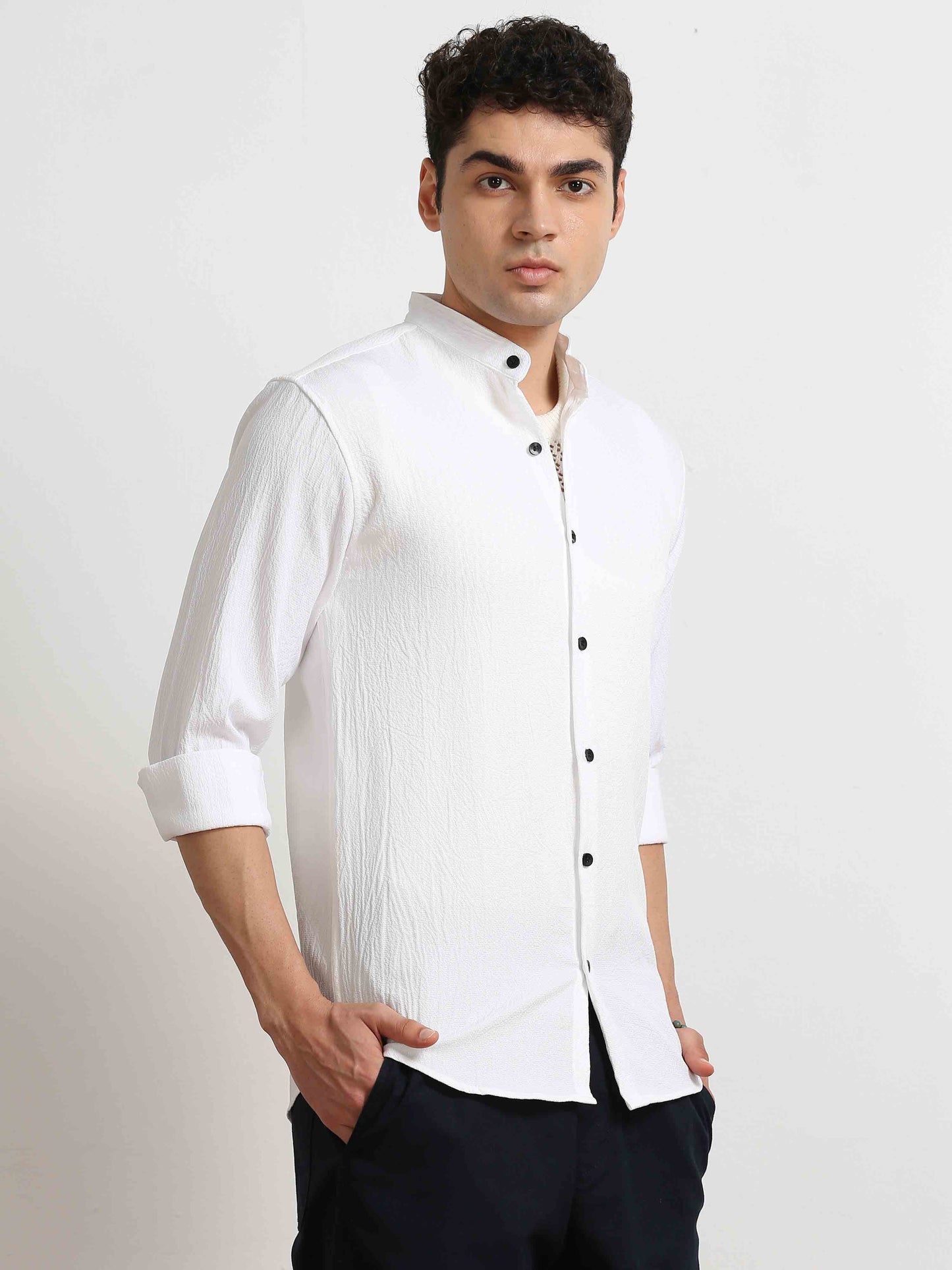 White Crush Texture Solid Shirt for Men