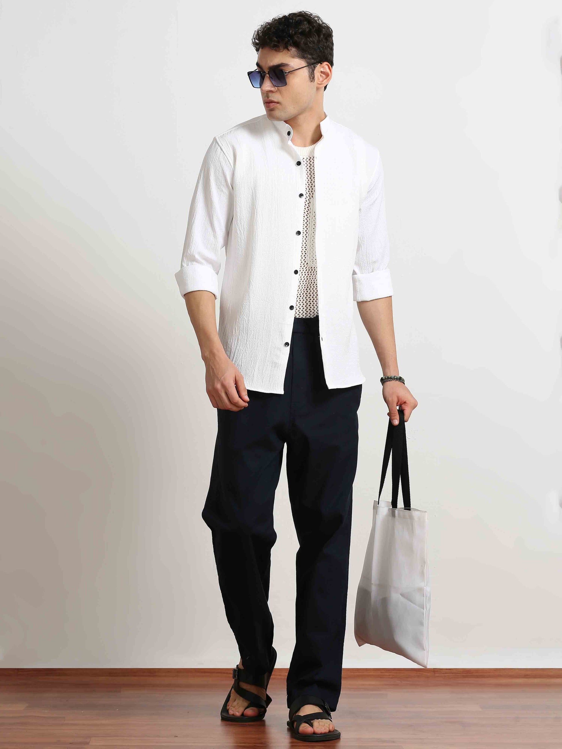 White Crush Texture Solid Shirt for Men