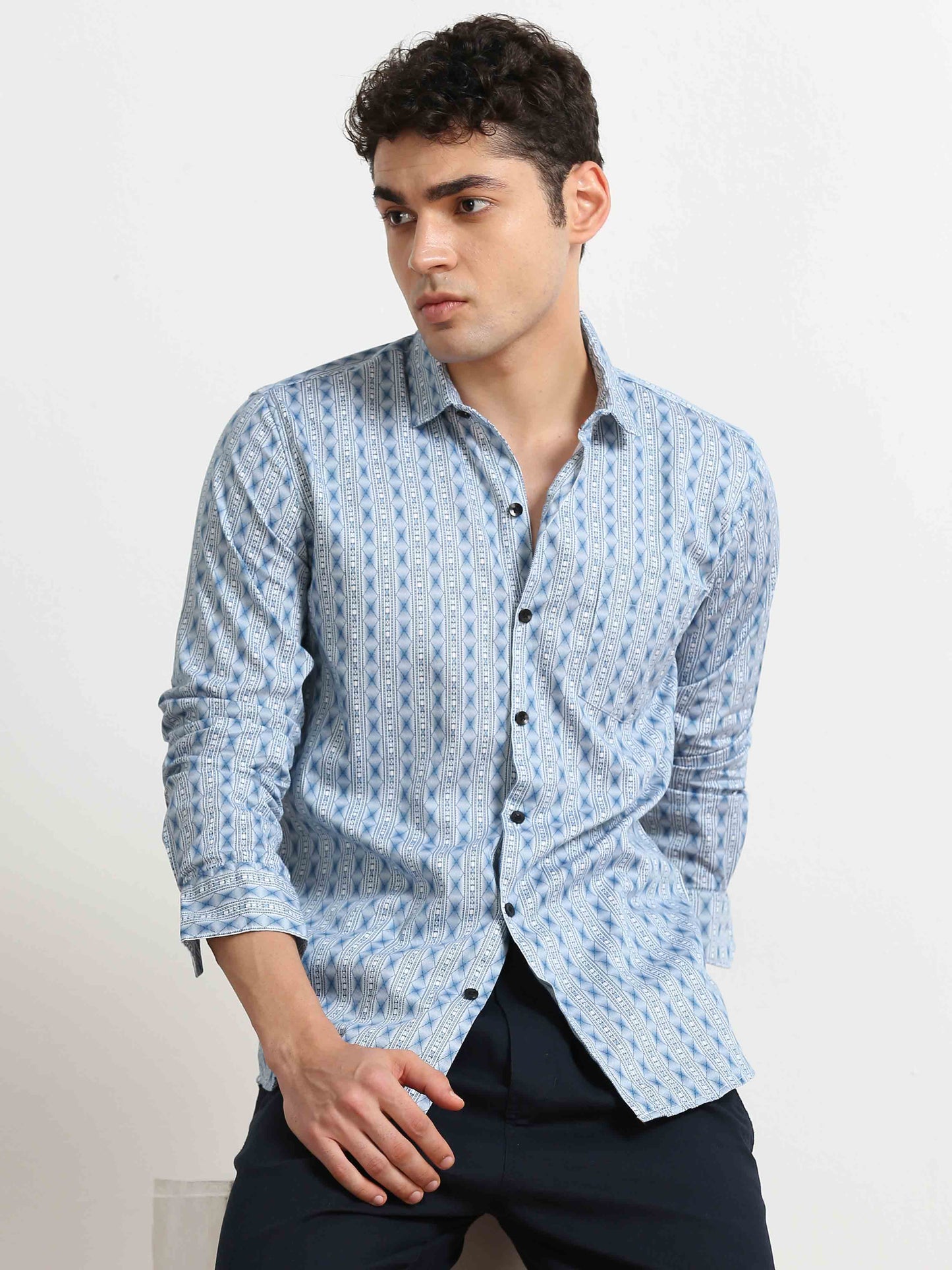 Ethnic Blue Pattern mens mandarin collar shirt