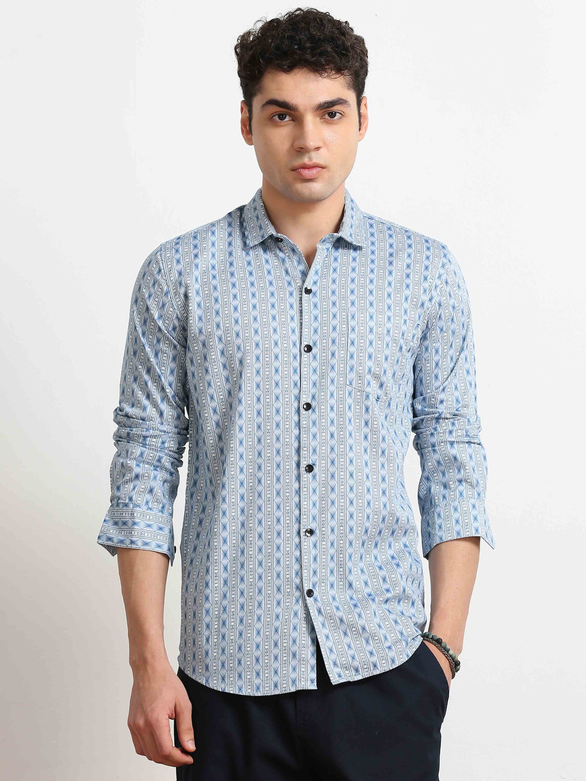 Ethnic Blue Pattern mens mandarin collar shirt