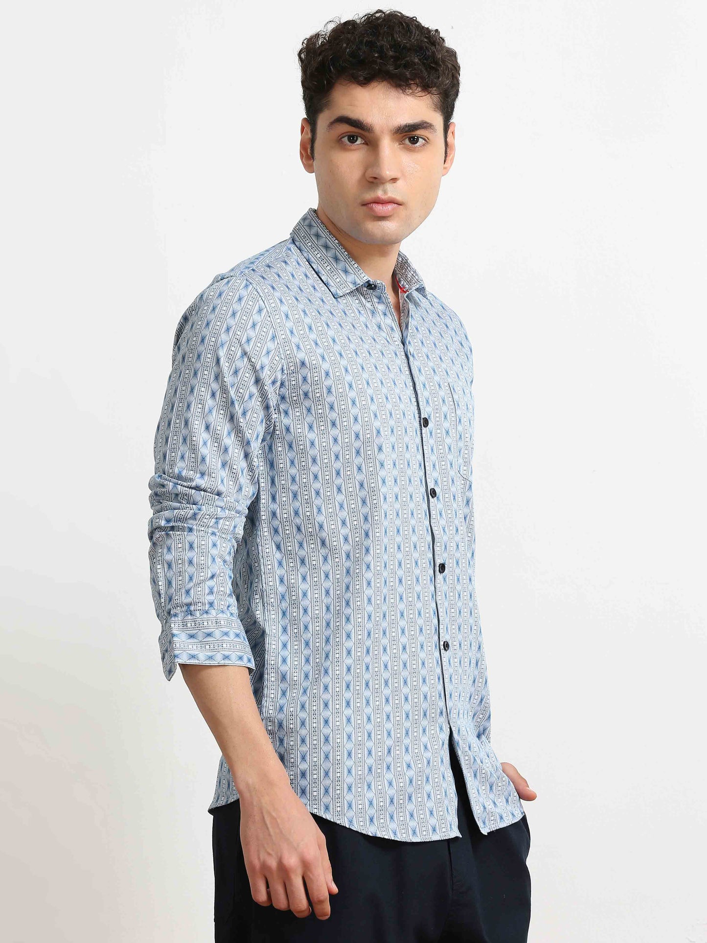 Ethnic Blue Pattern mens mandarin collar shirt