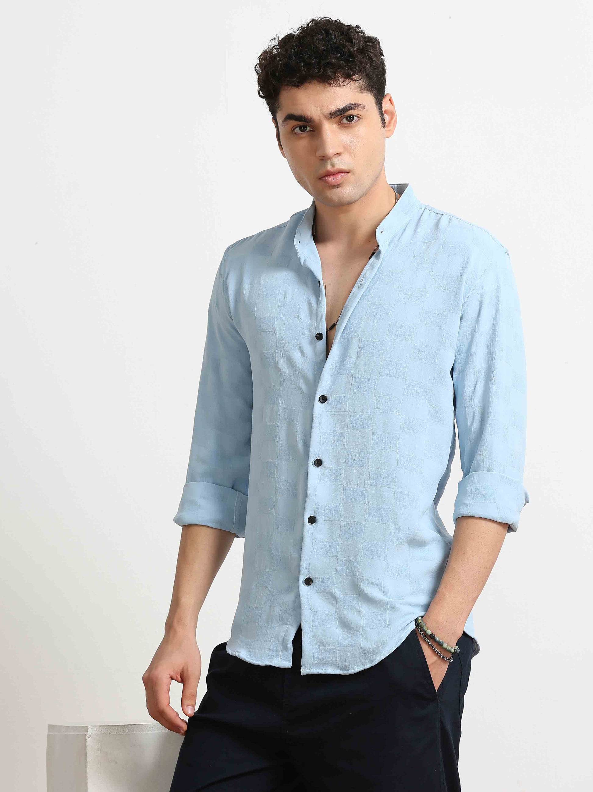 Skyblue Box Textured Printed Solid Shirt For Men