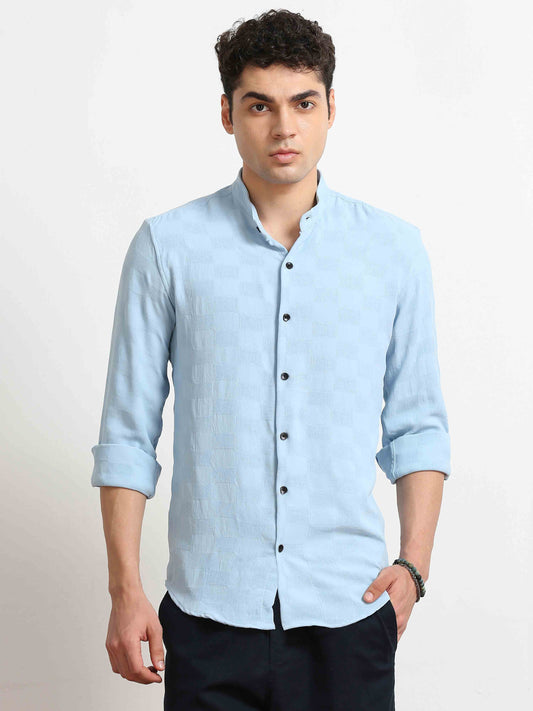 Skyblue Box Textured Printed Solid Shirt For Men