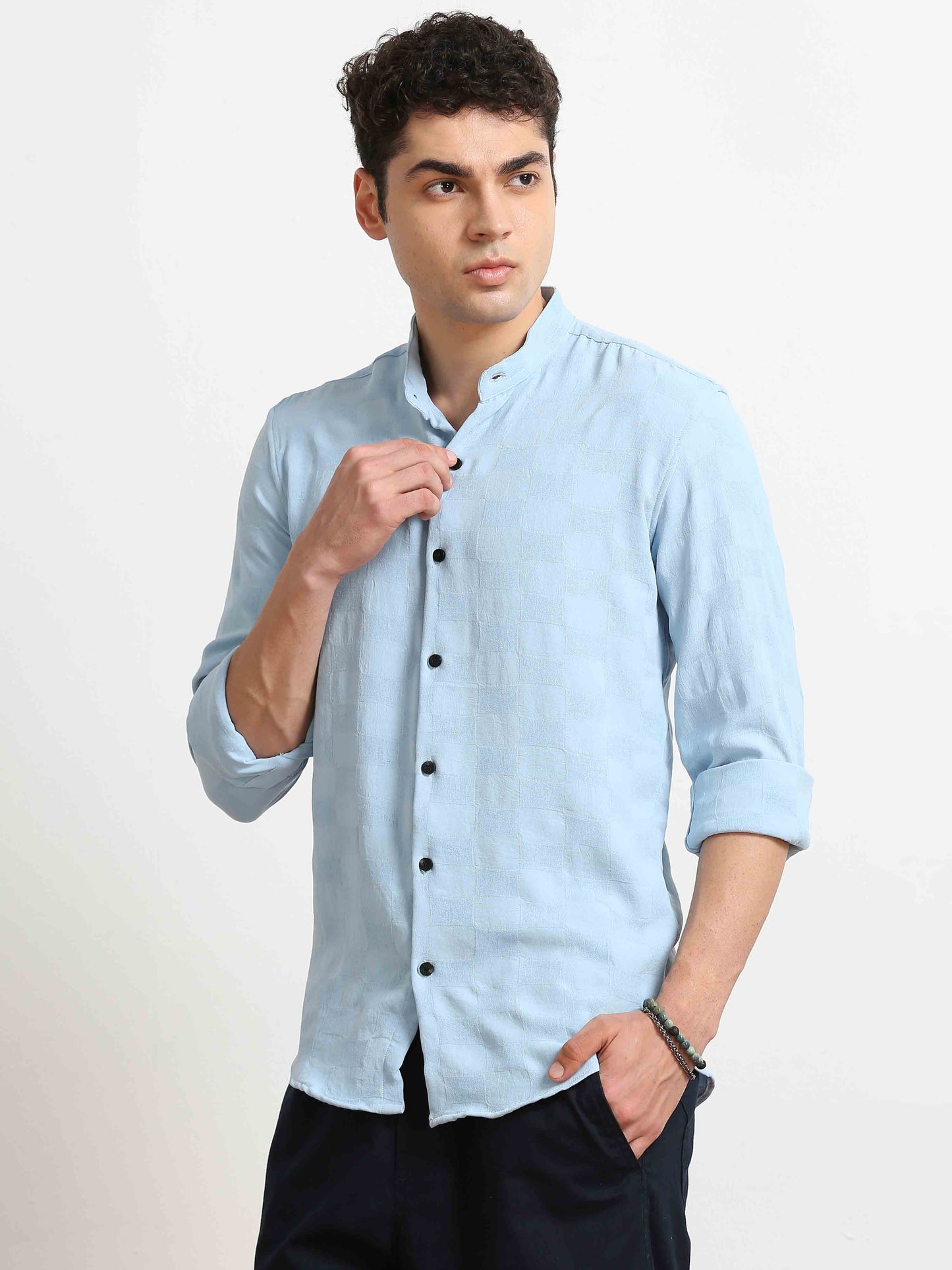 Skyblue Box Textured Printed Solid Shirt For Men