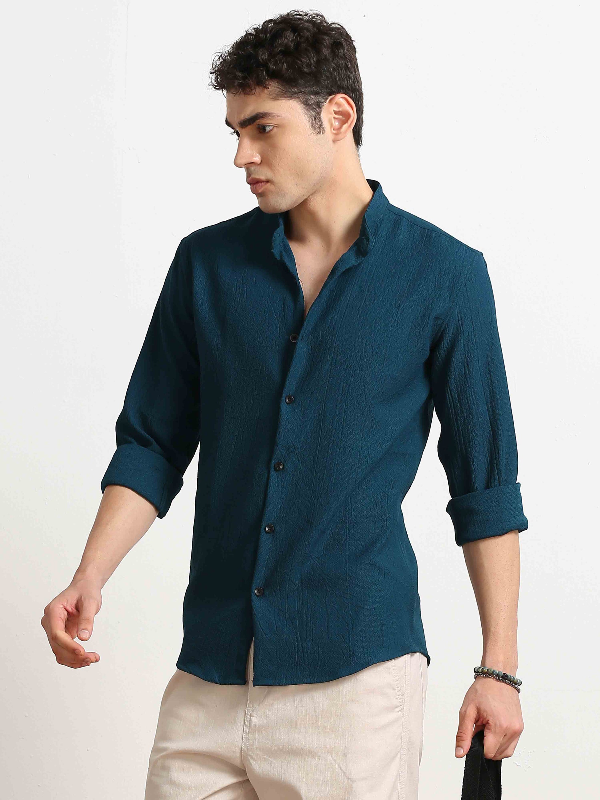 Teal Crush Texture Solid Shirt For Men