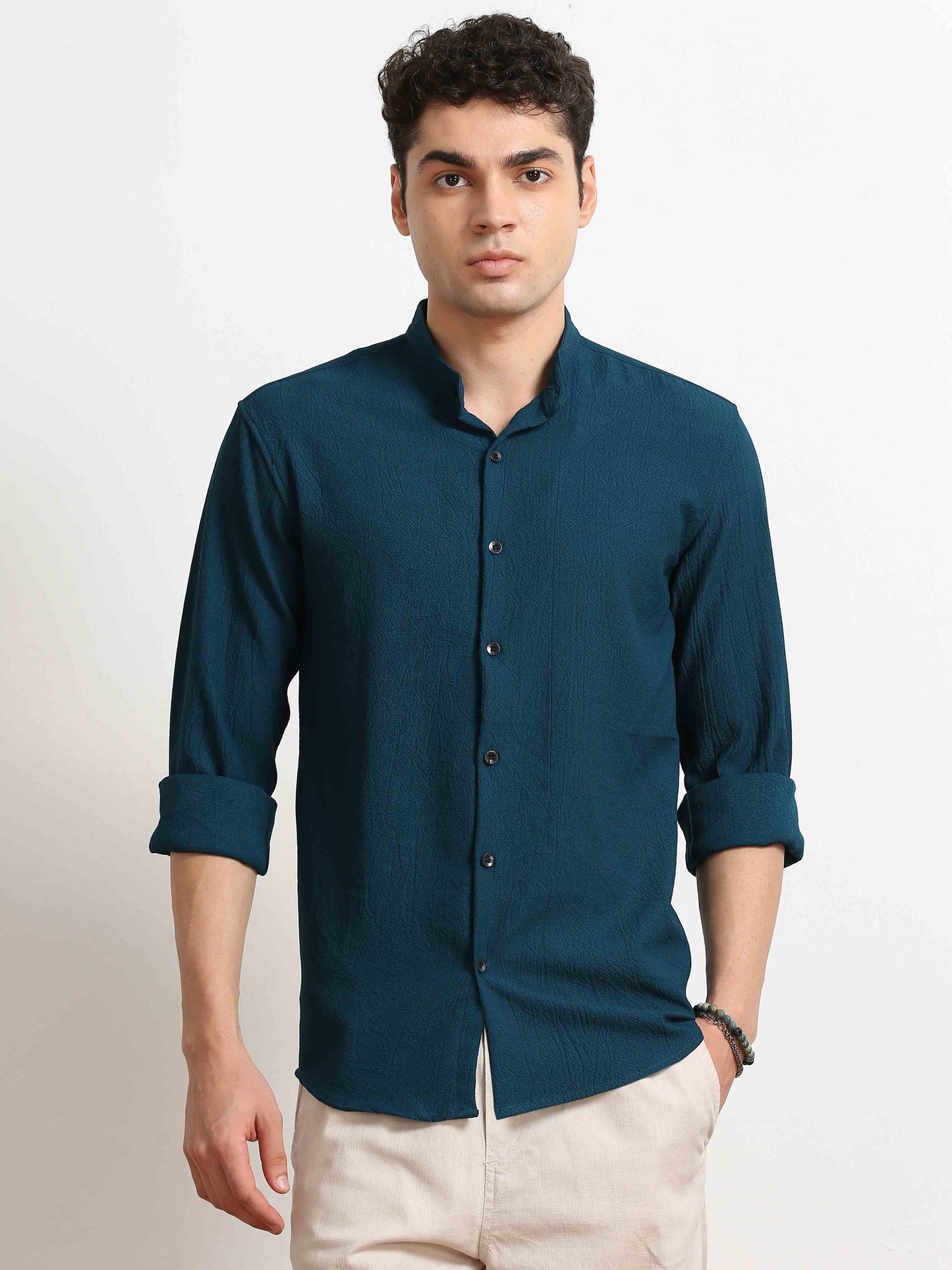 Teal Crush Texture Solid Shirt For Men