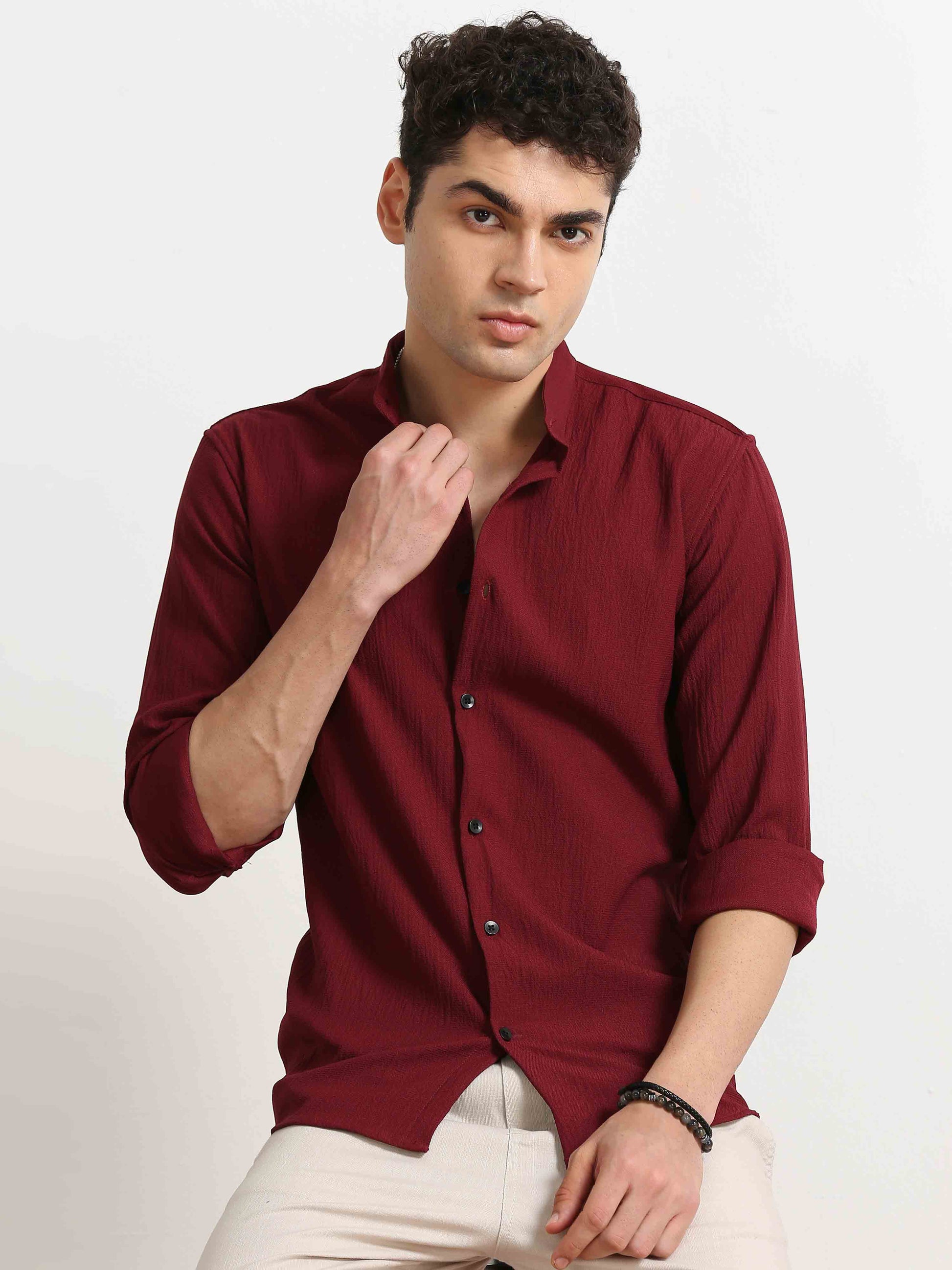 Maroon Crush Texture Solid Shirt For Men