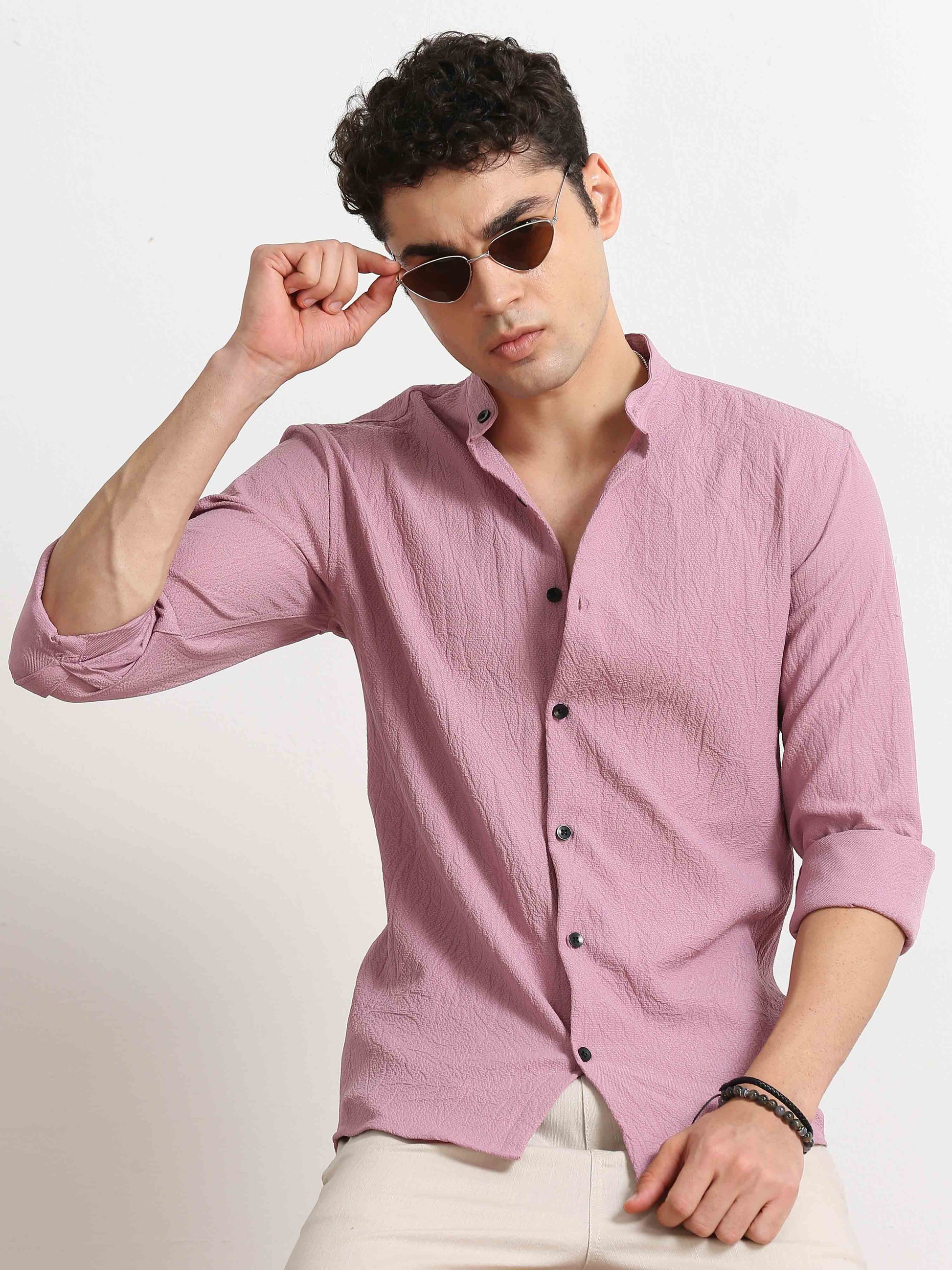 Rose Pink Crush Texture Solid Shirt For Men