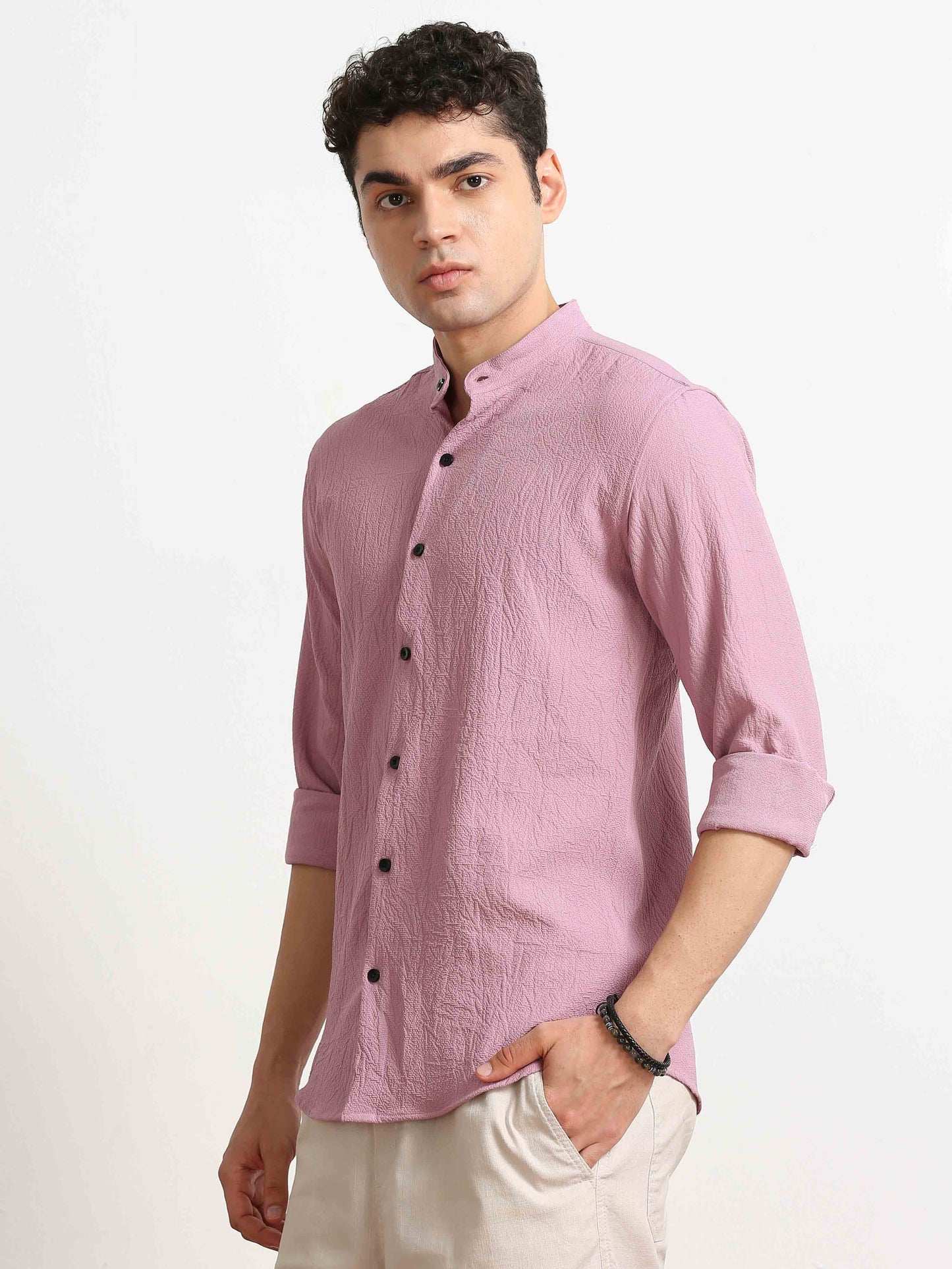 Rose Pink Crush Texture Solid Shirt For Men