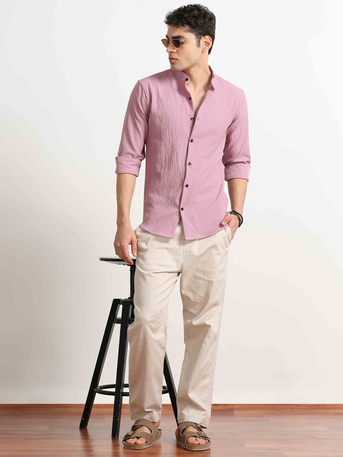 Rose Pink Crush Texture Solid Shirt For Men