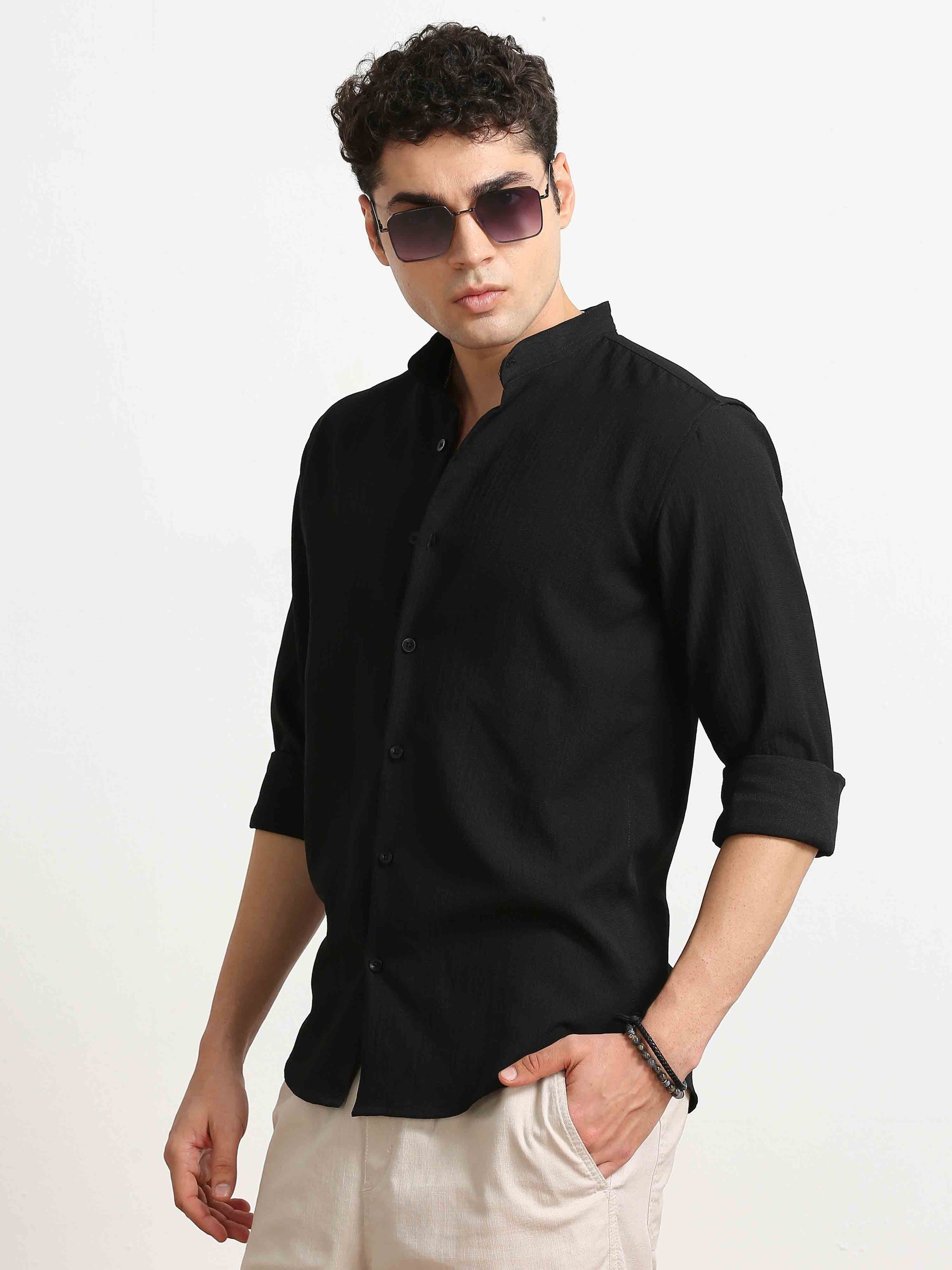 Black Crush Textured Solid Shirt For Men