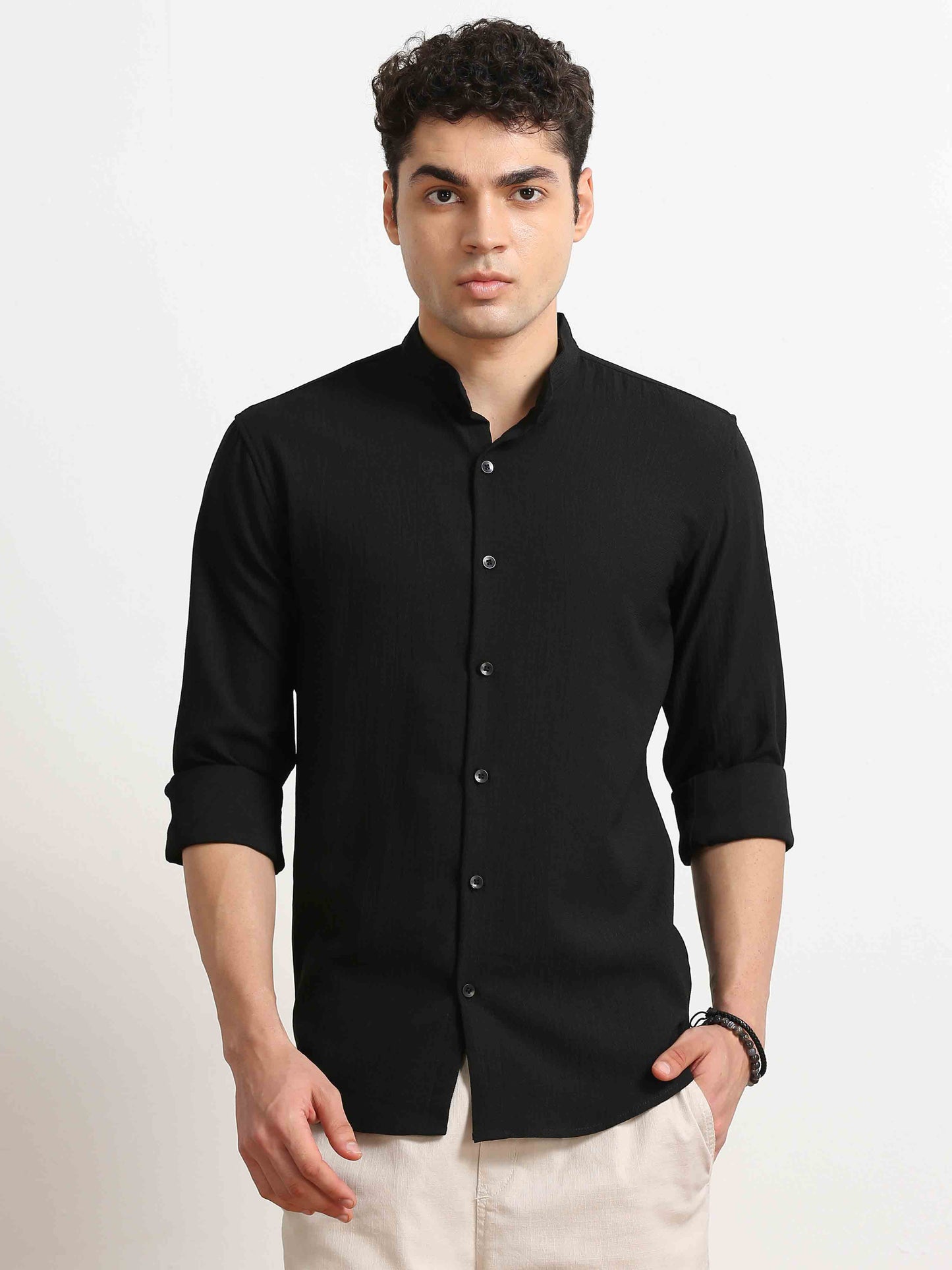 Black Crush Textured Solid Shirt For Men