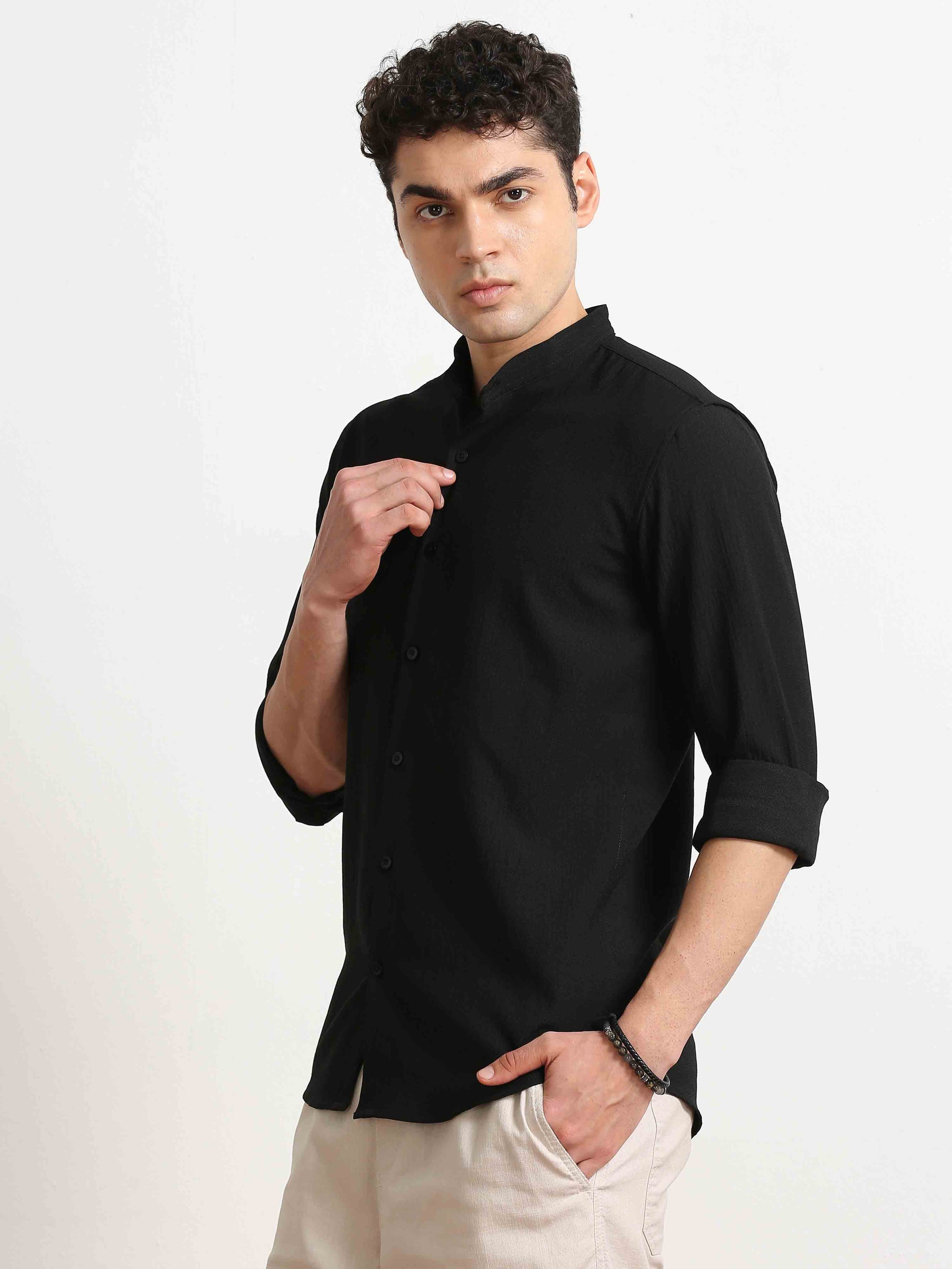 Black Crush Textured Solid Shirt For Men