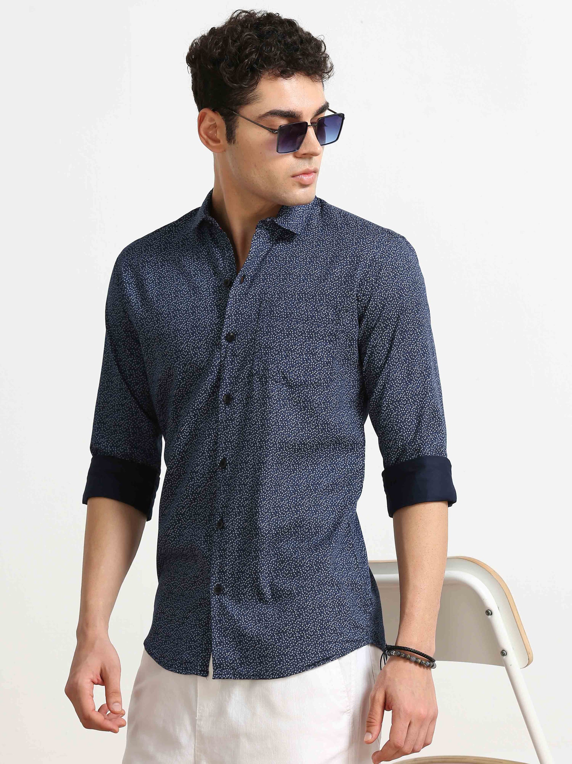 Navy blue floral mens casual printed shirts