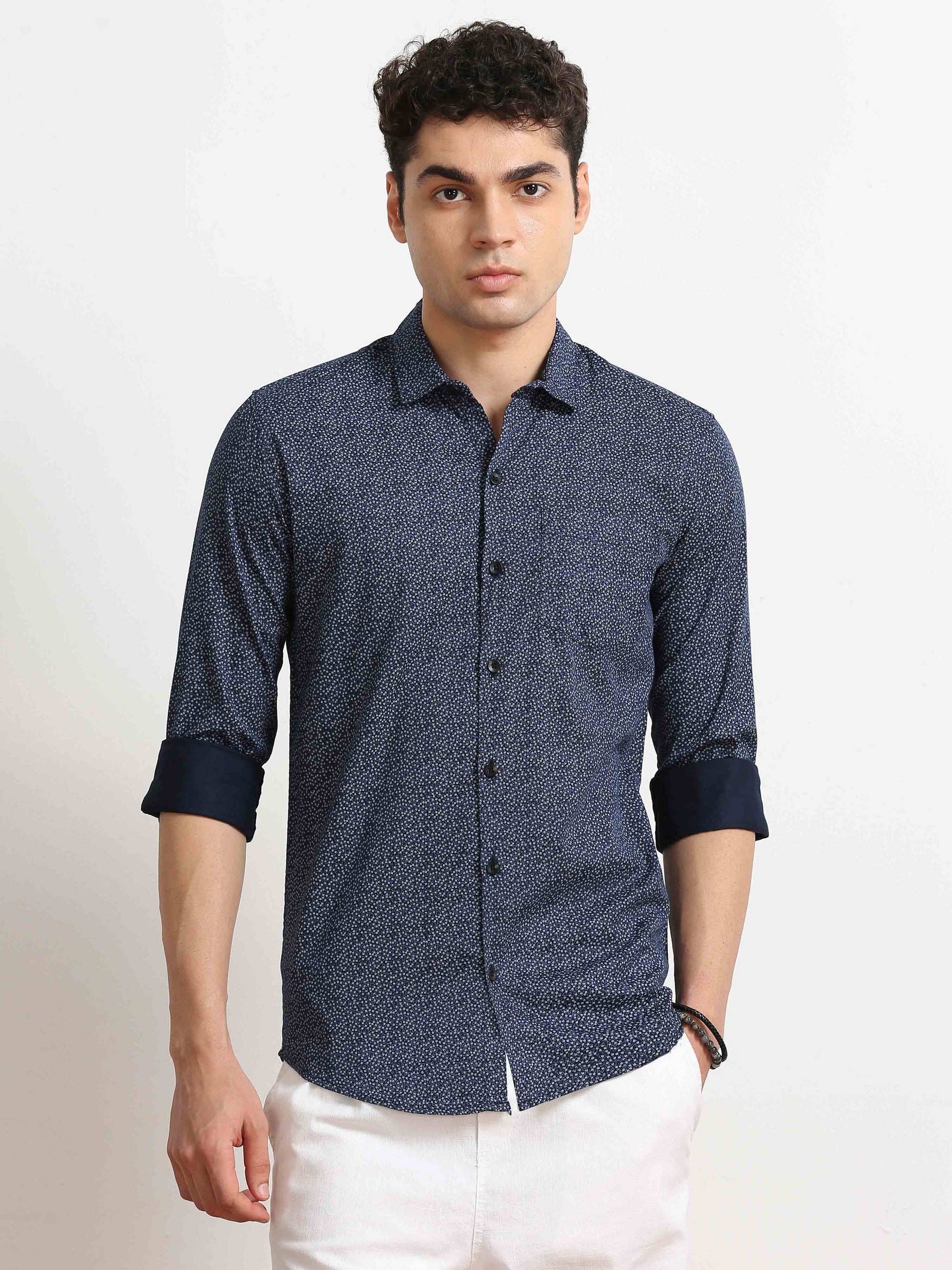 Navy blue floral mens casual printed shirts